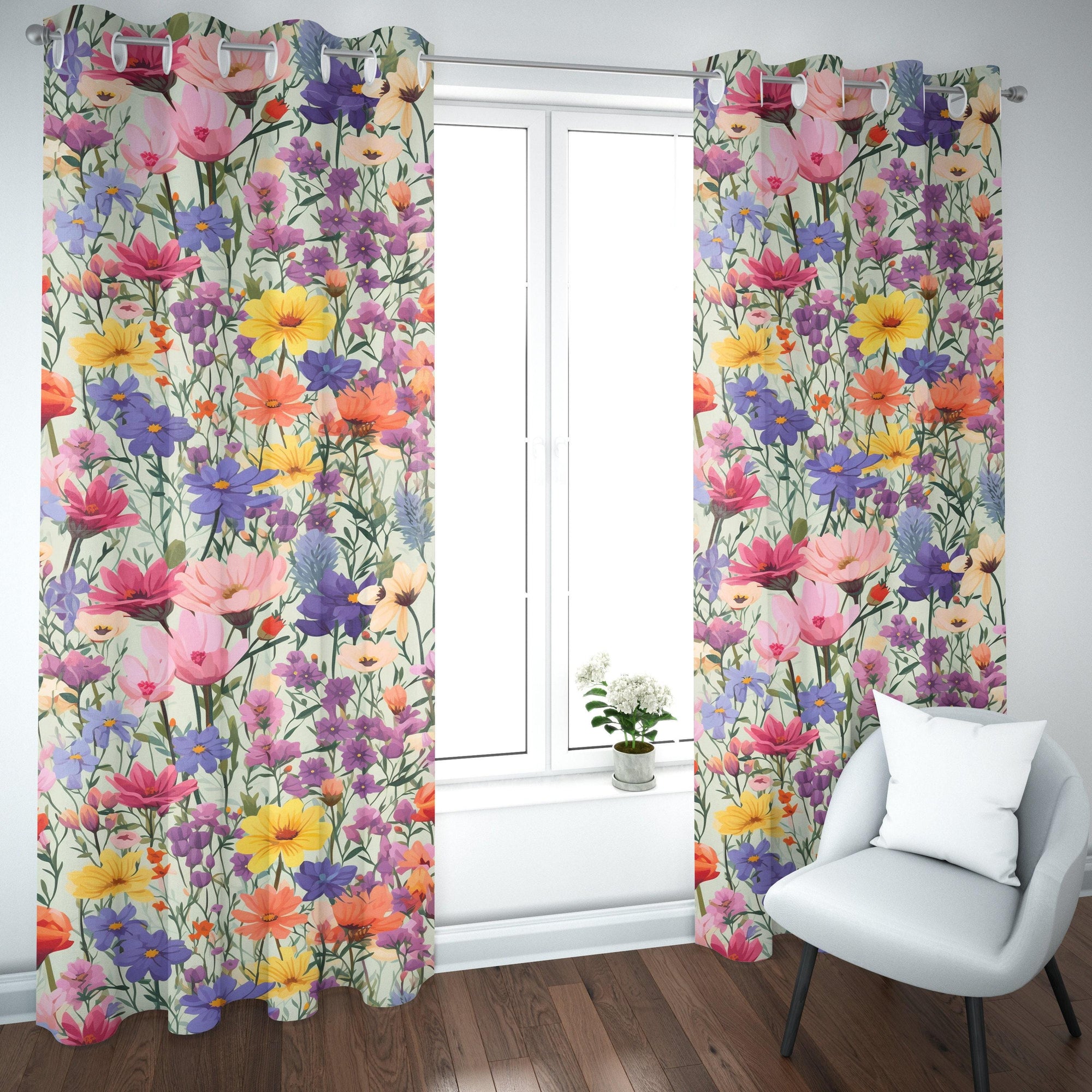 Floral Curtain Panels, Flowers Print Curtains, Vintage Retro Floral Curtain, Colorful Spring Floral Style Living Room Curtain