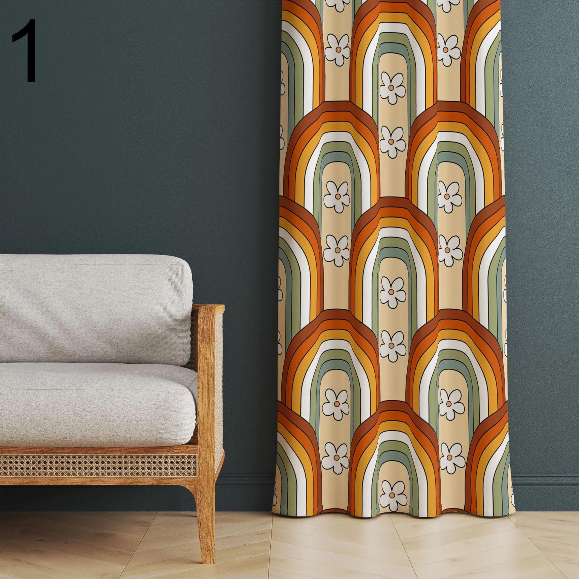 Retro Curtains, Boho Rainbow Retro Curtains, 70s Print Curtain, Abstract Curtain Panel, Golden Orange 1970s Curtain, Mid-Century Curtain
