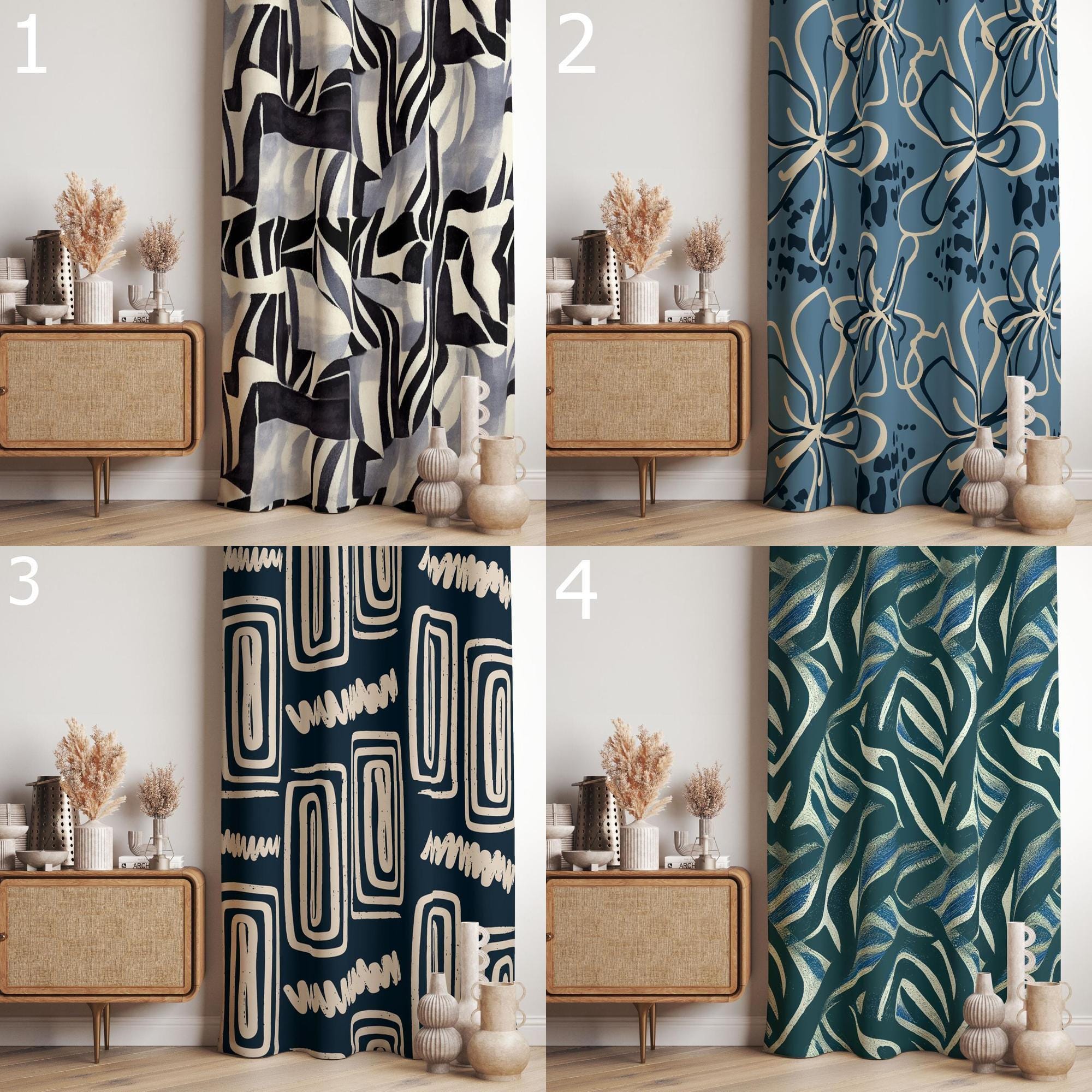 Modern Abstract Curtains, Geometric Line Art Drapes, Boho Graphic Window Panels, Blue Neutral Art Deco Curtains