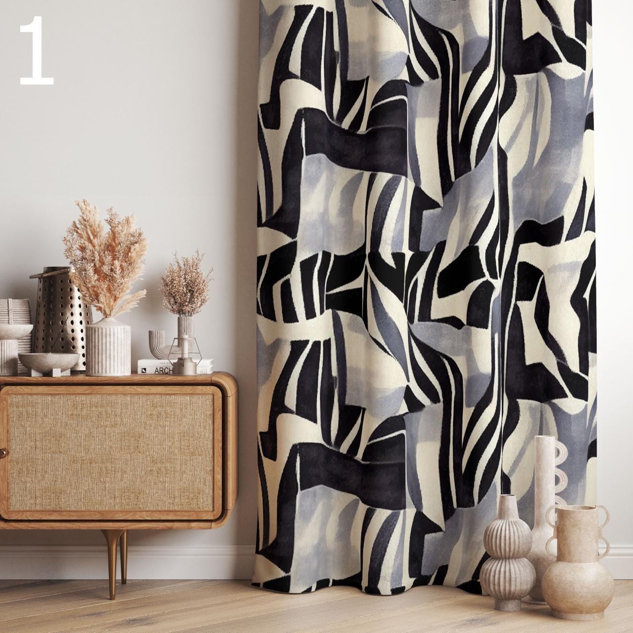 Modern Abstract Curtains, Geometric Line Art Drapes, Boho Graphic Window Panels, Blue Neutral Art Deco Curtains