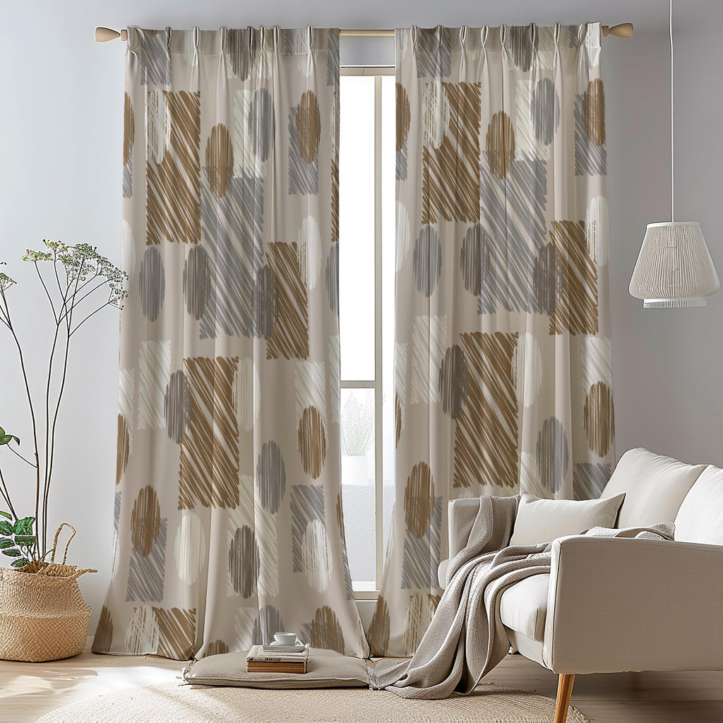 Modern Neutral Geometric Curtains, Beige Brown Window Drapes, Abstract Living Room Curtain Panels, Beige Minimalist Room Decor Panels