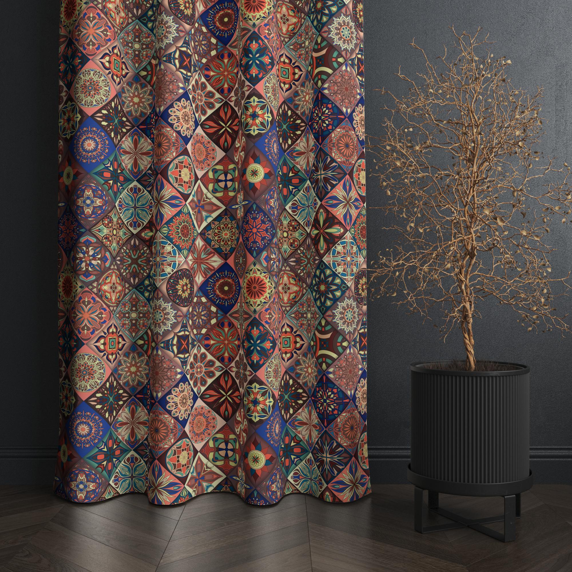 Boho Mosaic Curtain Panel, Colorful Ethnic Drapes, Moroccan Tile Inspired Window Curtains, Tribal Pattern Fabric Panels