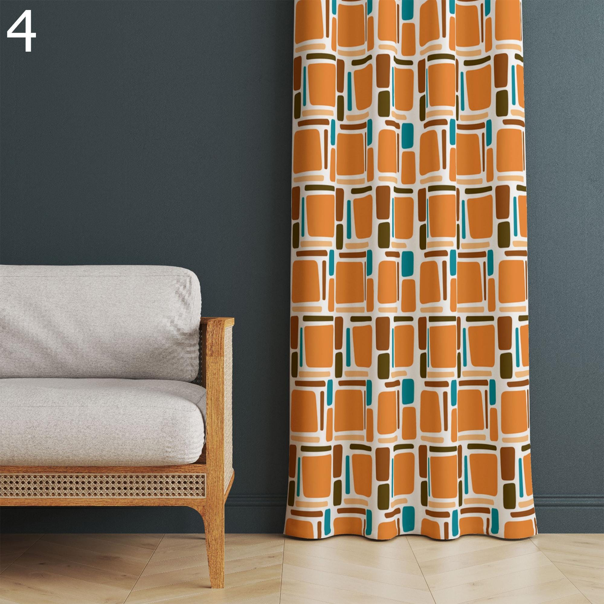 Retro Orange Pattern Curtains, Mid Century Modern Drapes, Geometric Panel Curtains, Warm Tone Window Panels, Vintage Inspired Curtain Panels