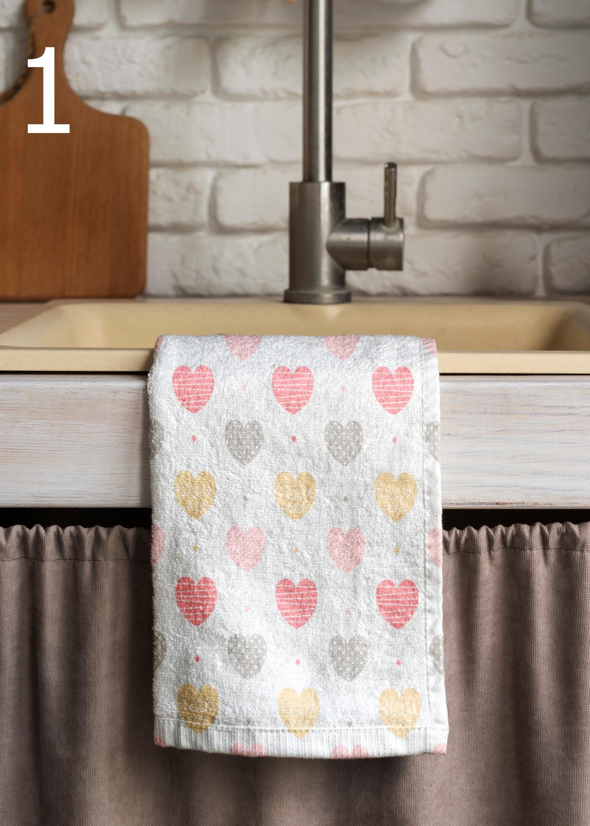 Love Kitchen Towels, Valentine's Day Tea Towels, Hearts Dish Towel, Romantic Hand Towel, Valentine's Days Pink Kitchen Towel