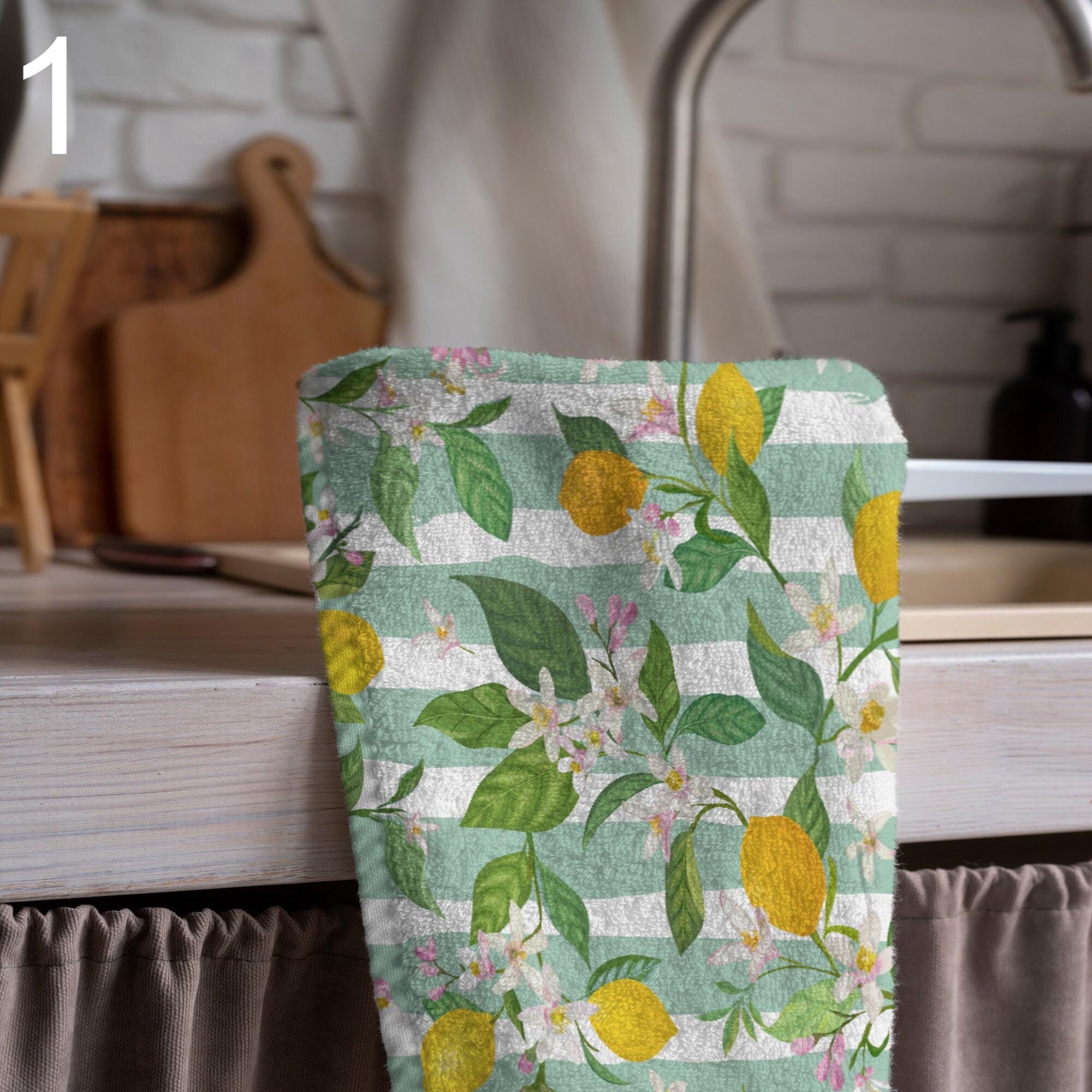 Lemon Tea Towels, Lemon Floral Printed Tea Towel, Yellow Lemon Kitchen Towel Decor, Kitchen Lemon Hand Towel, Summer Lemon Kitchen Tea Towel
