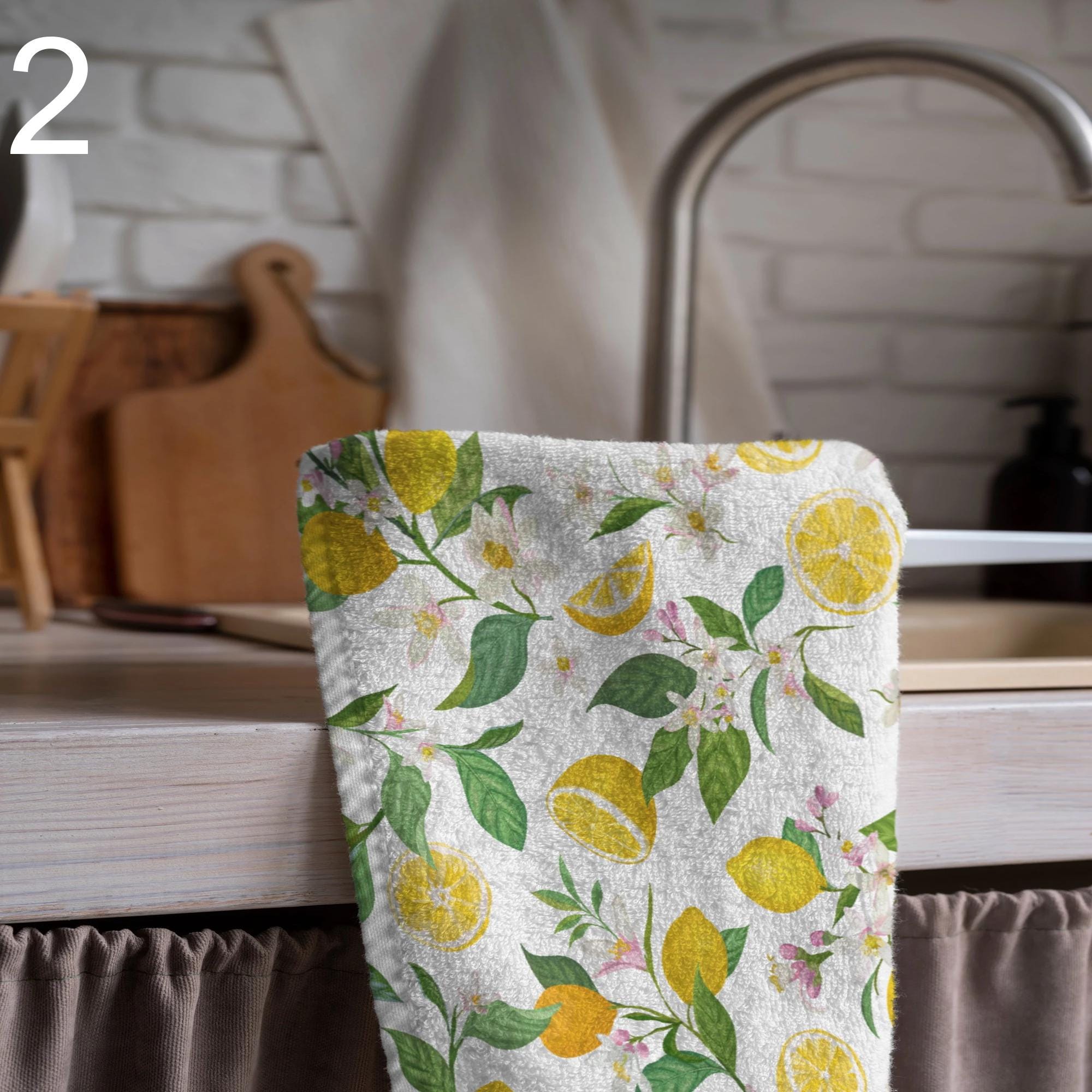 Lemon Tea Towels, Lemon Floral Printed Tea Towel, Yellow Lemon Kitchen Towel Decor, Kitchen Lemon Hand Towel, Summer Lemon Kitchen Tea Towel