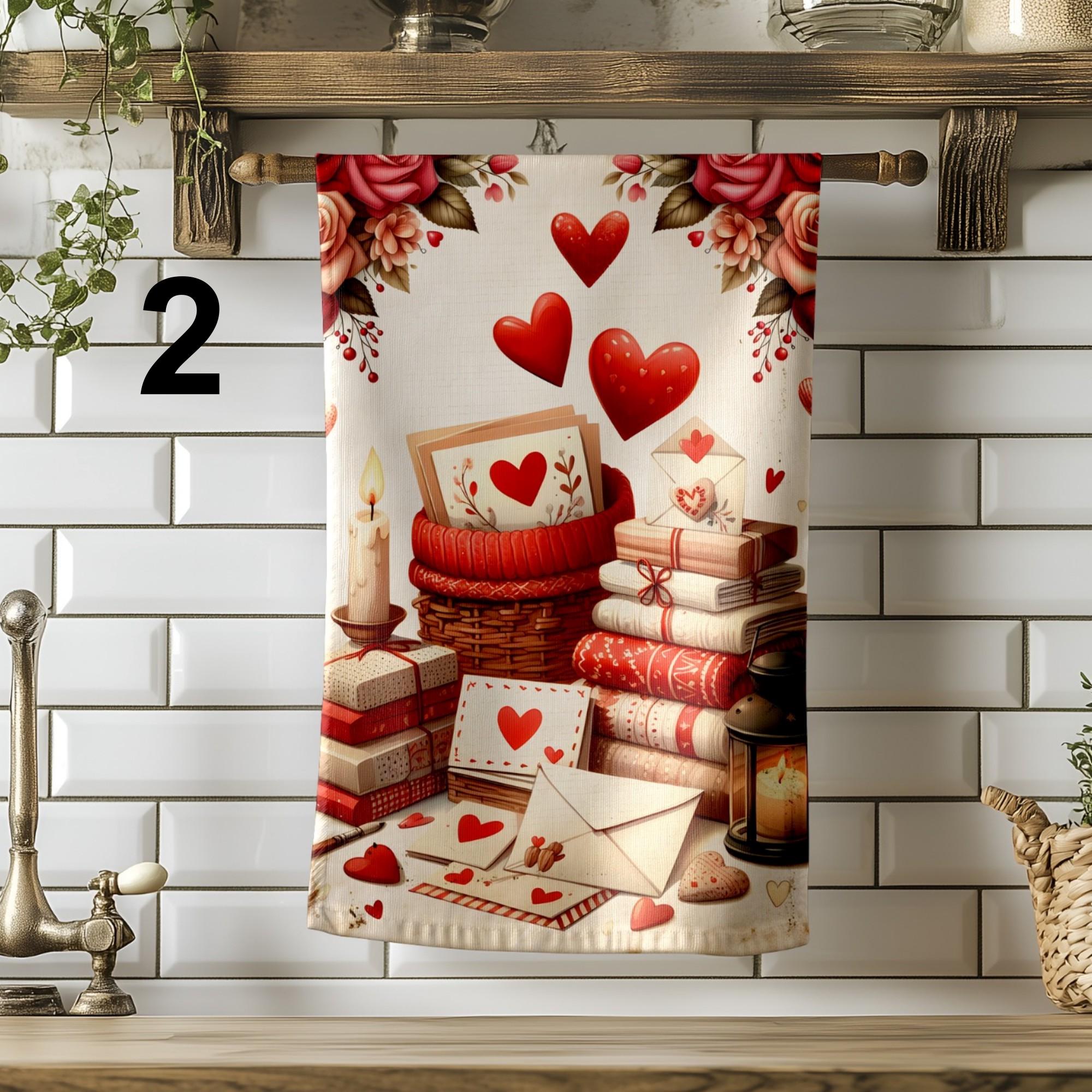 Valentine's Day Tea Towels, Love Themed Dish Towels, Red Hearts Kitchen Towel, Valentine's Day Gifts Tea Towel, Romantic Kitchen Decor