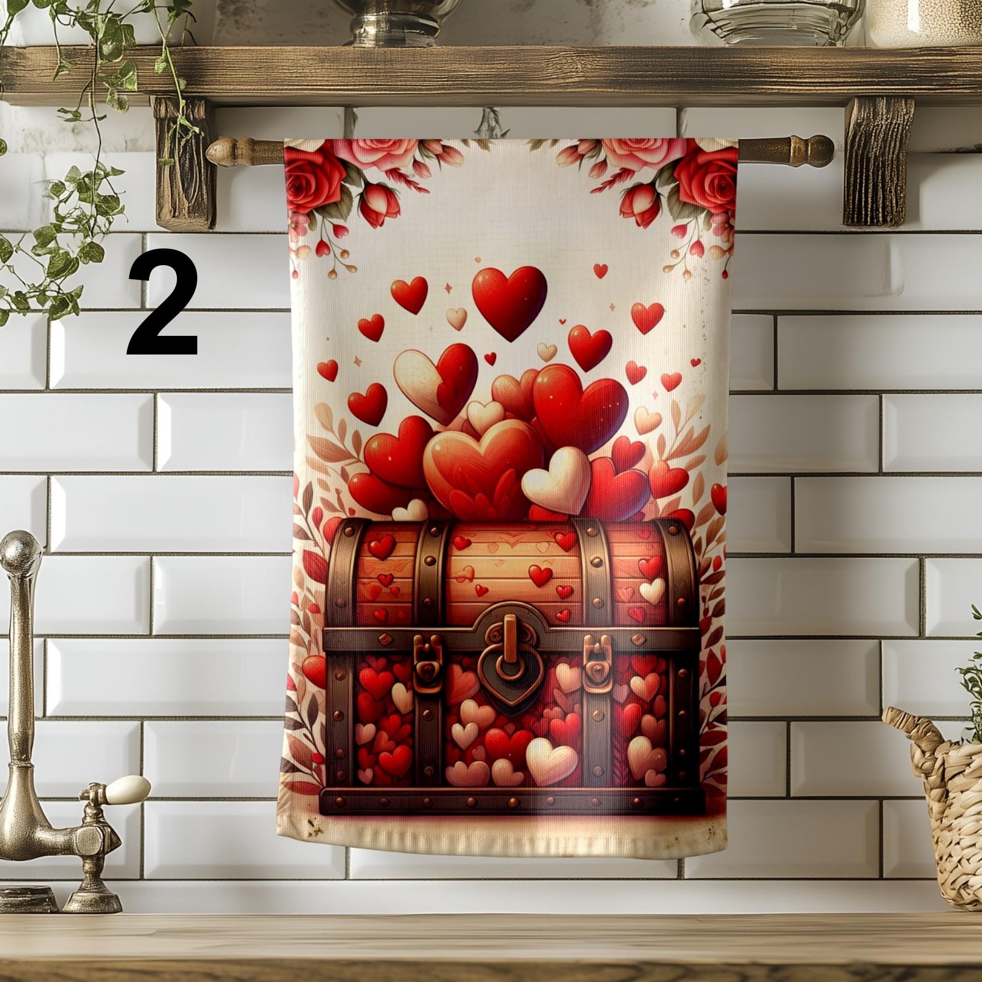 Red Hearts Kitchen Towel, Valentine's Day Tea Towels, Love Themed Dish Towels, Decorative Hearts Tea Towel, Romantic Kitchen Decor