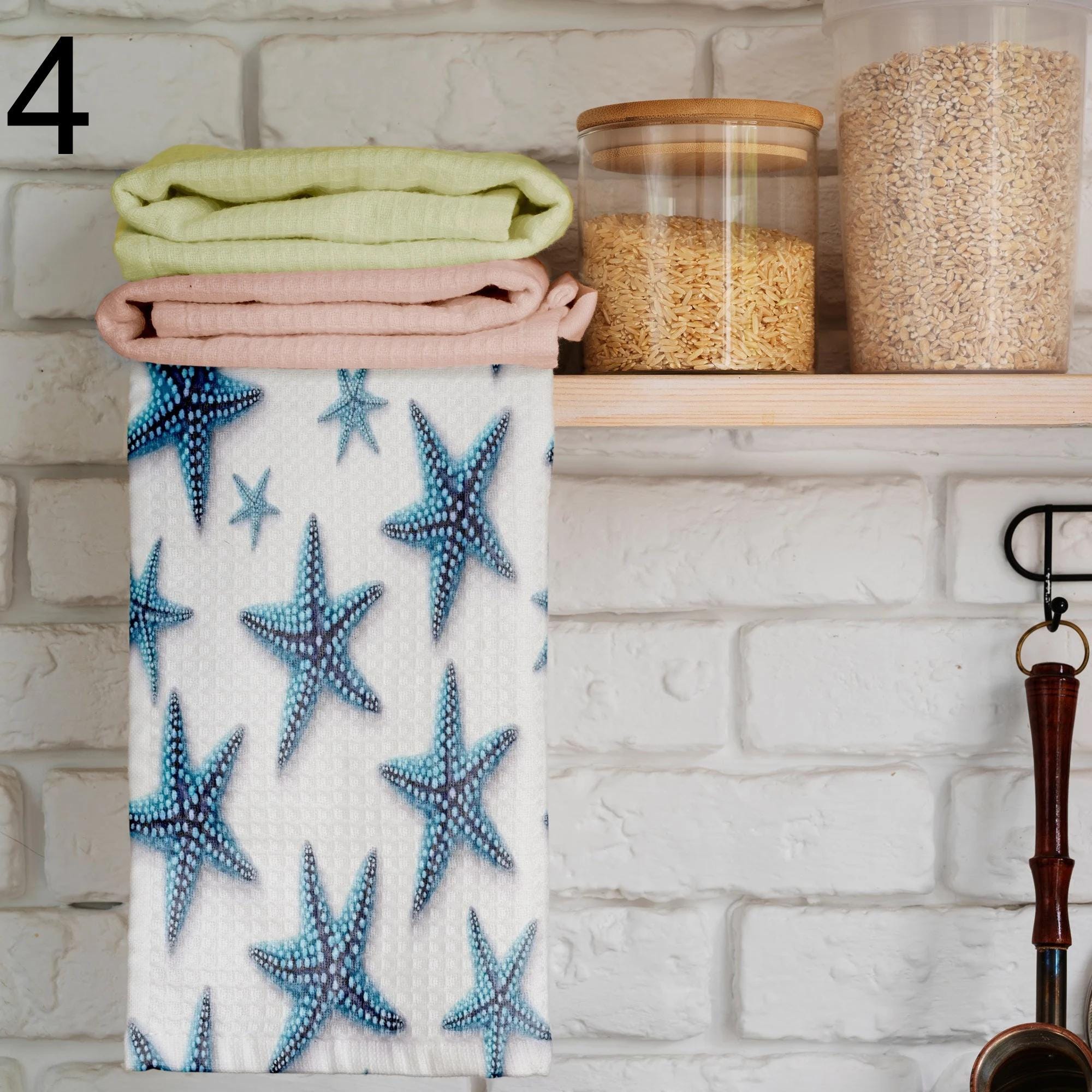 Starfish Printed Hand Towel, Sea Life Kitchen Towels, Nautical Tea Towels, Crab Patterned Kitchen Towel, Marine Dish Towels