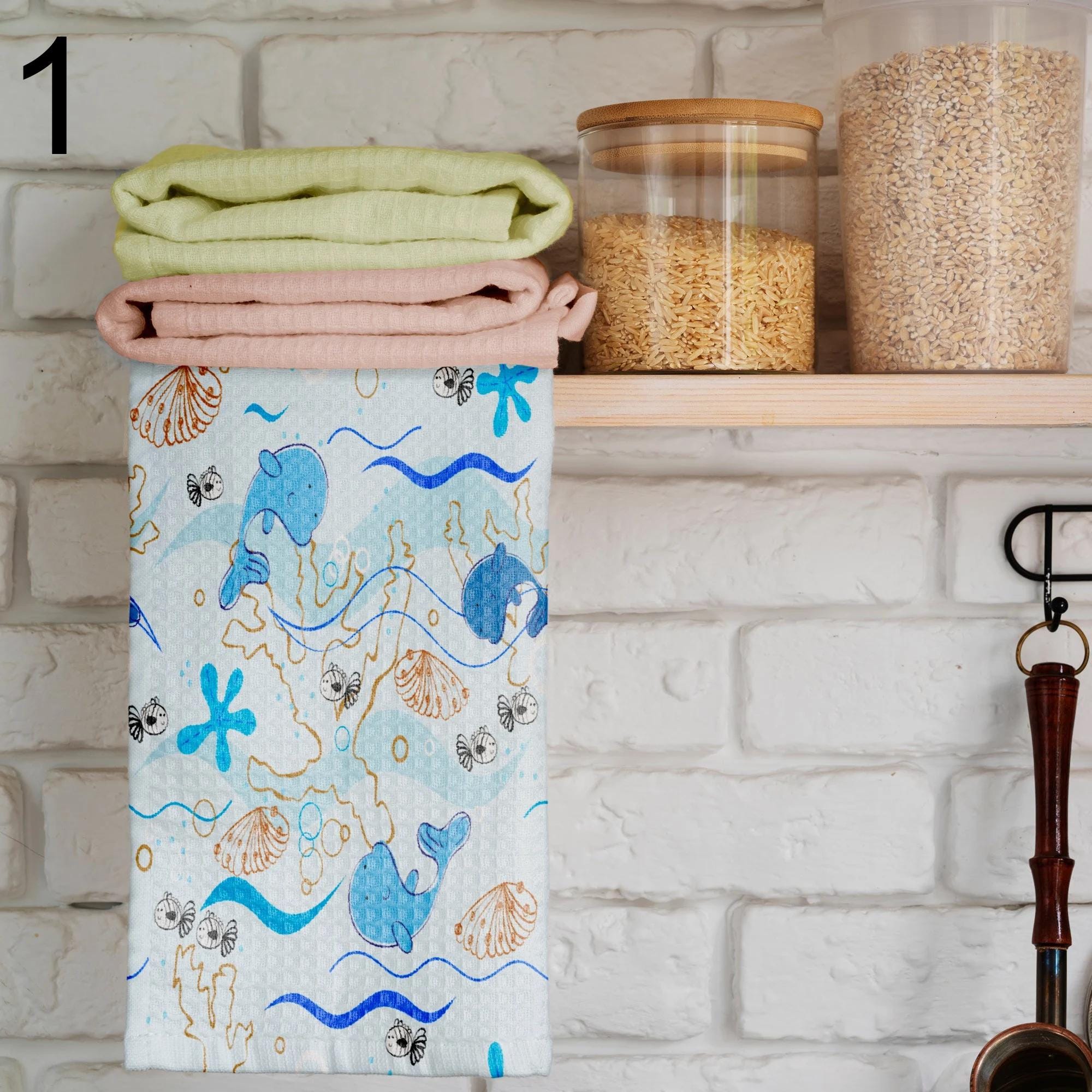 Starfish Printed Hand Towel, Sea Life Kitchen Towels, Nautical Tea Towels, Crab Patterned Kitchen Towel, Marine Dish Towels