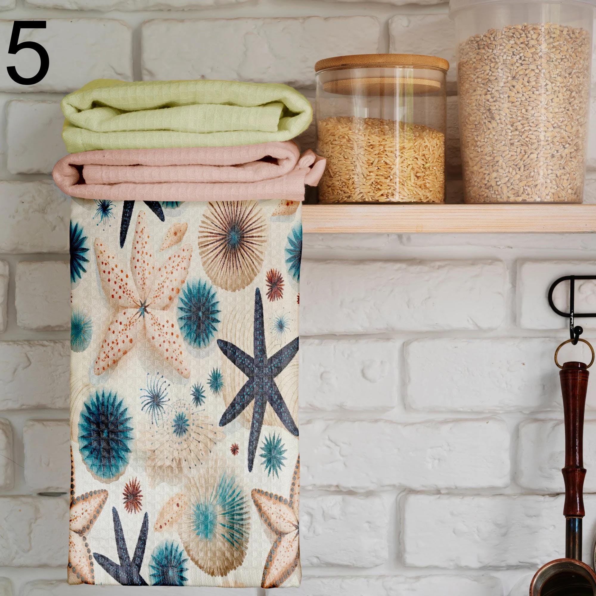 Starfish Printed Hand Towel, Sea Life Kitchen Towels, Nautical Tea Towels, Crab Patterned Kitchen Towel, Marine Dish Towels