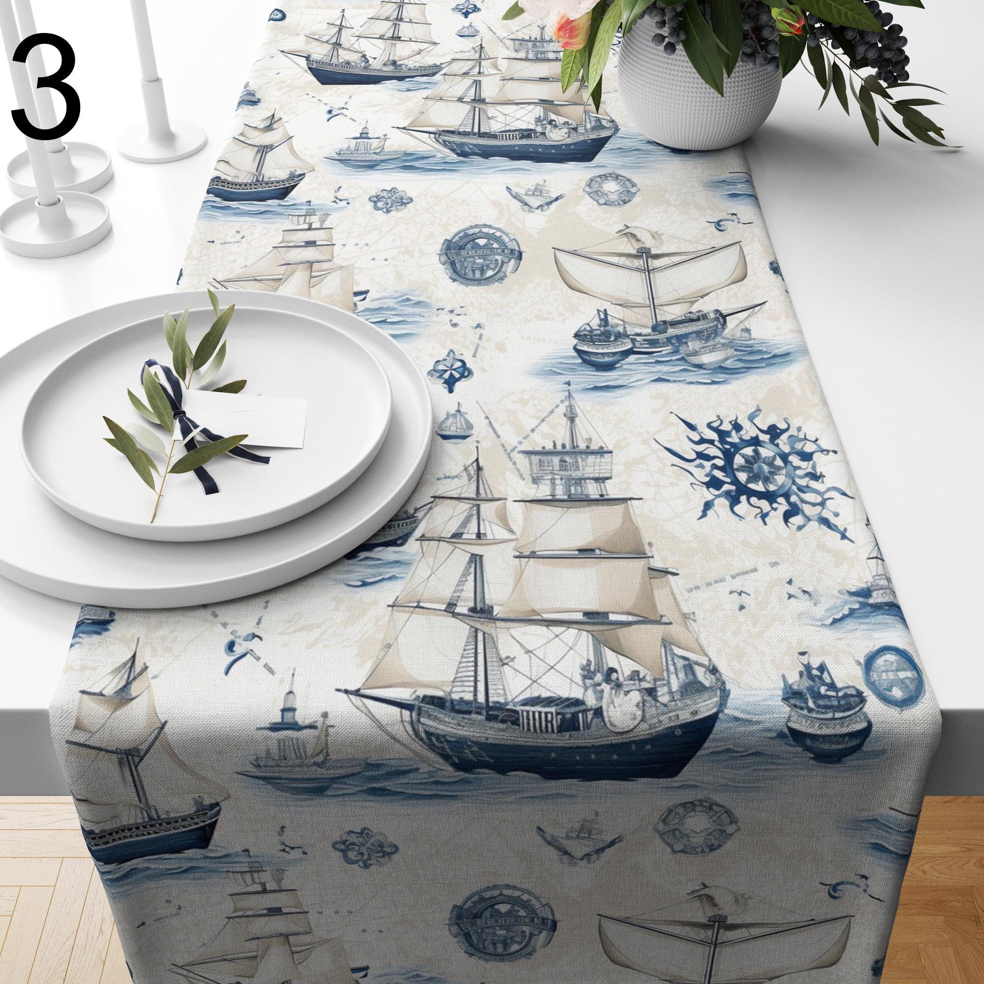 Marine Table Runner, Sailor Table Runner, Vintage Nautical Blue Ships Table Runner, Yatch Table Decor, Beach House Decor