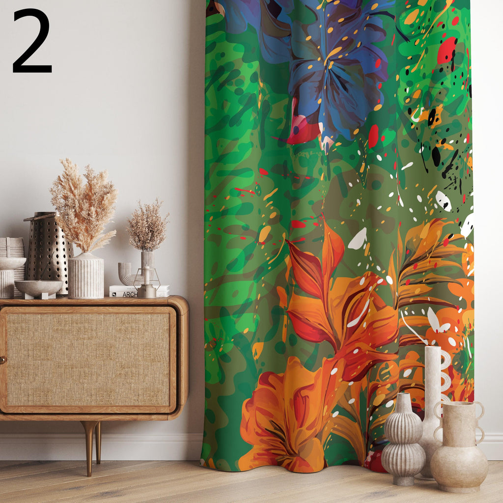 Colorful Tropical Curtains, Artistic Jungle Drapes, Vibrant Botanical Window Panels, Bold Exotic Leaf Curtains