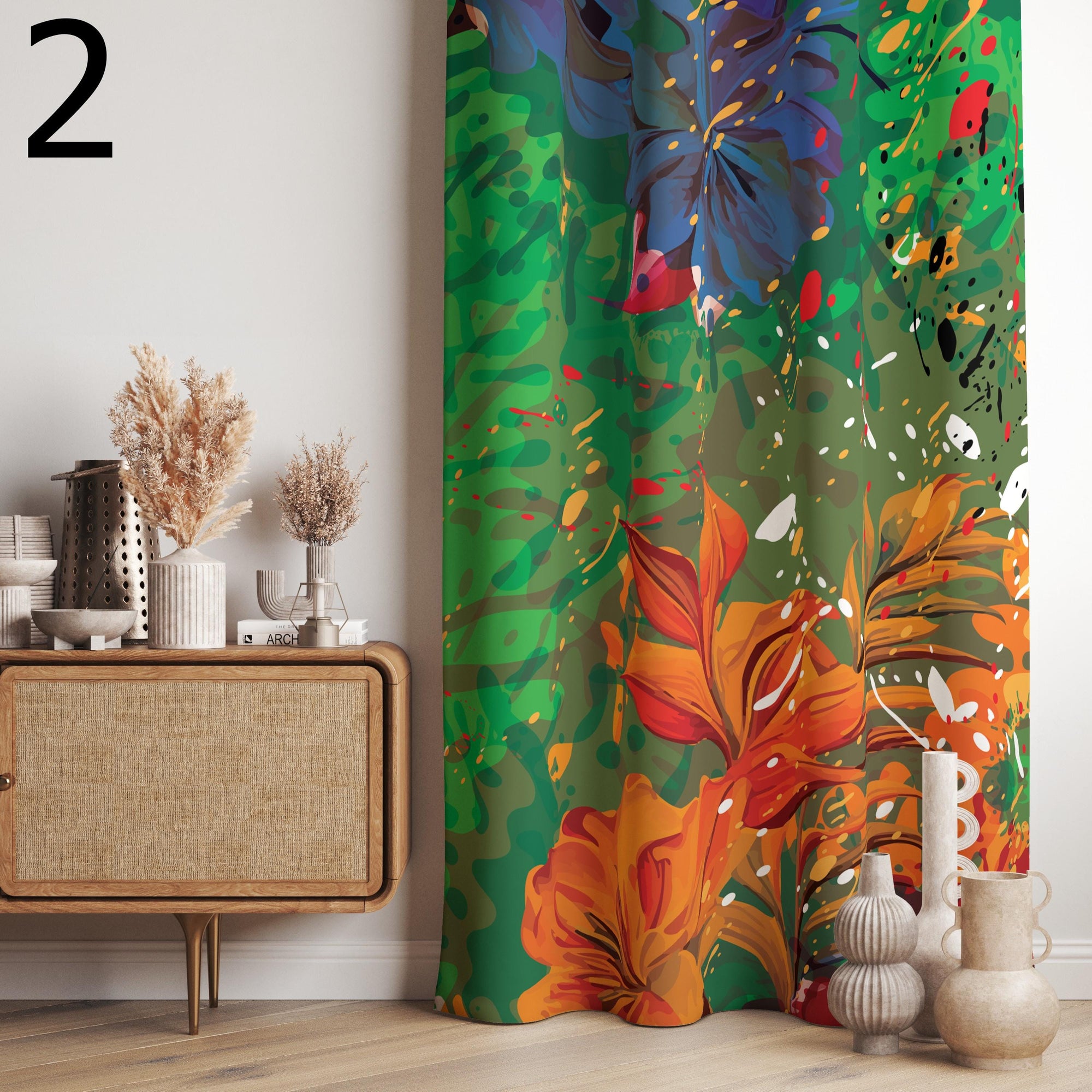 Colorful Tropical Curtains, Artistic Jungle Drapes, Vibrant Botanical Window Panels, Bold Exotic Leaf Curtains