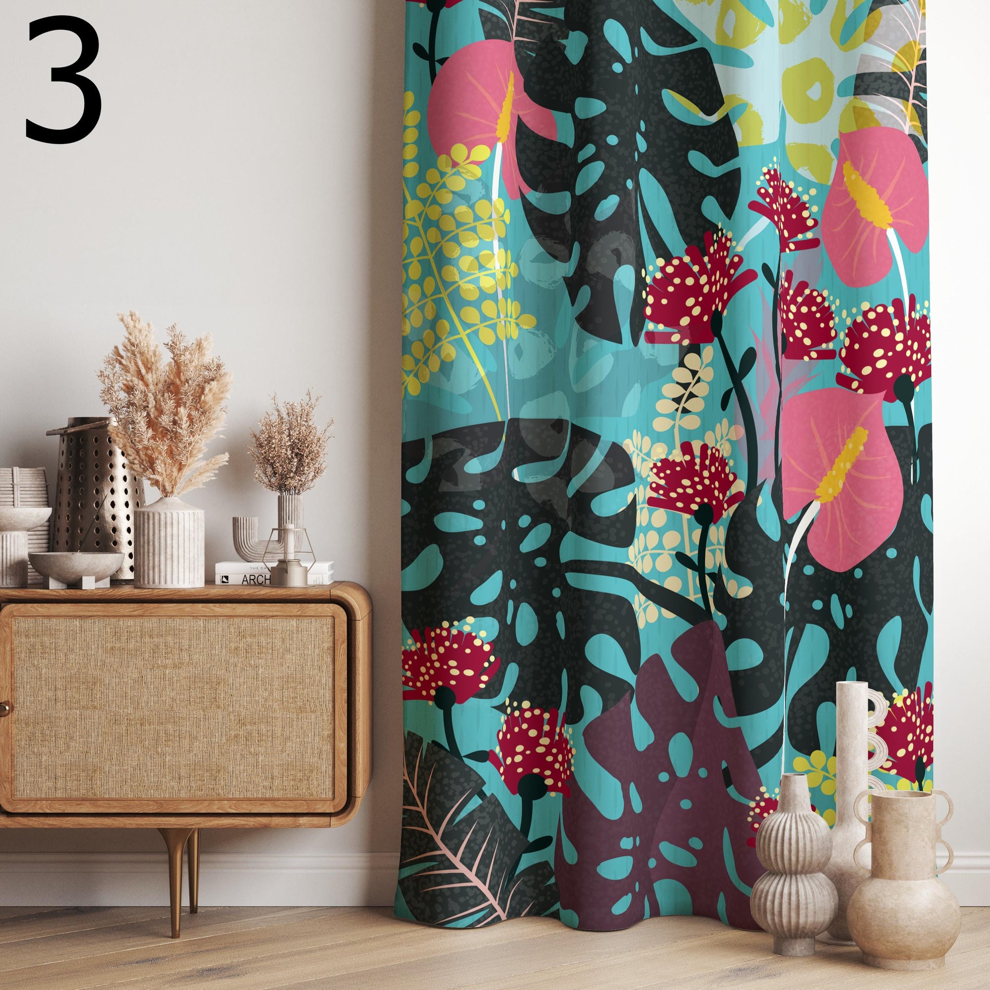 Colorful Tropical Curtains, Artistic Jungle Drapes, Vibrant Botanical Window Panels, Bold Exotic Leaf Curtains