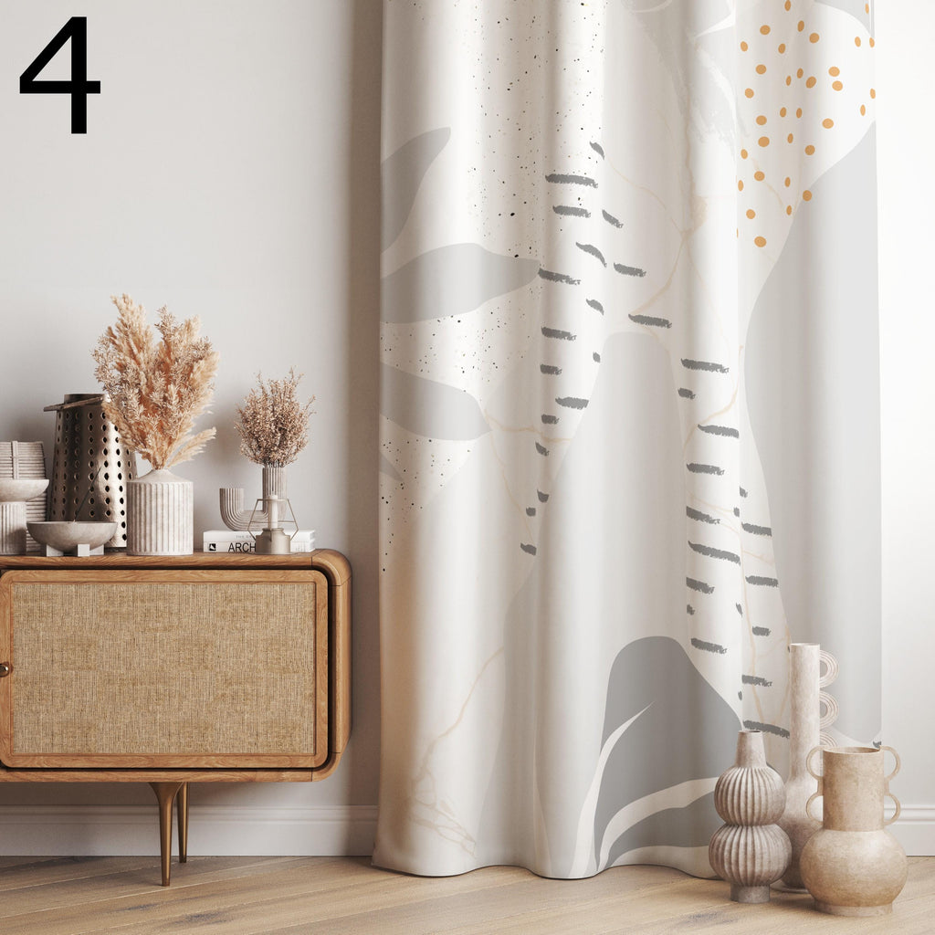 Minimalist Abstract Curtains, Modern Neutral Window Drapes, Contemporary Organic Art Curtains, Soft Beige and Black Panels