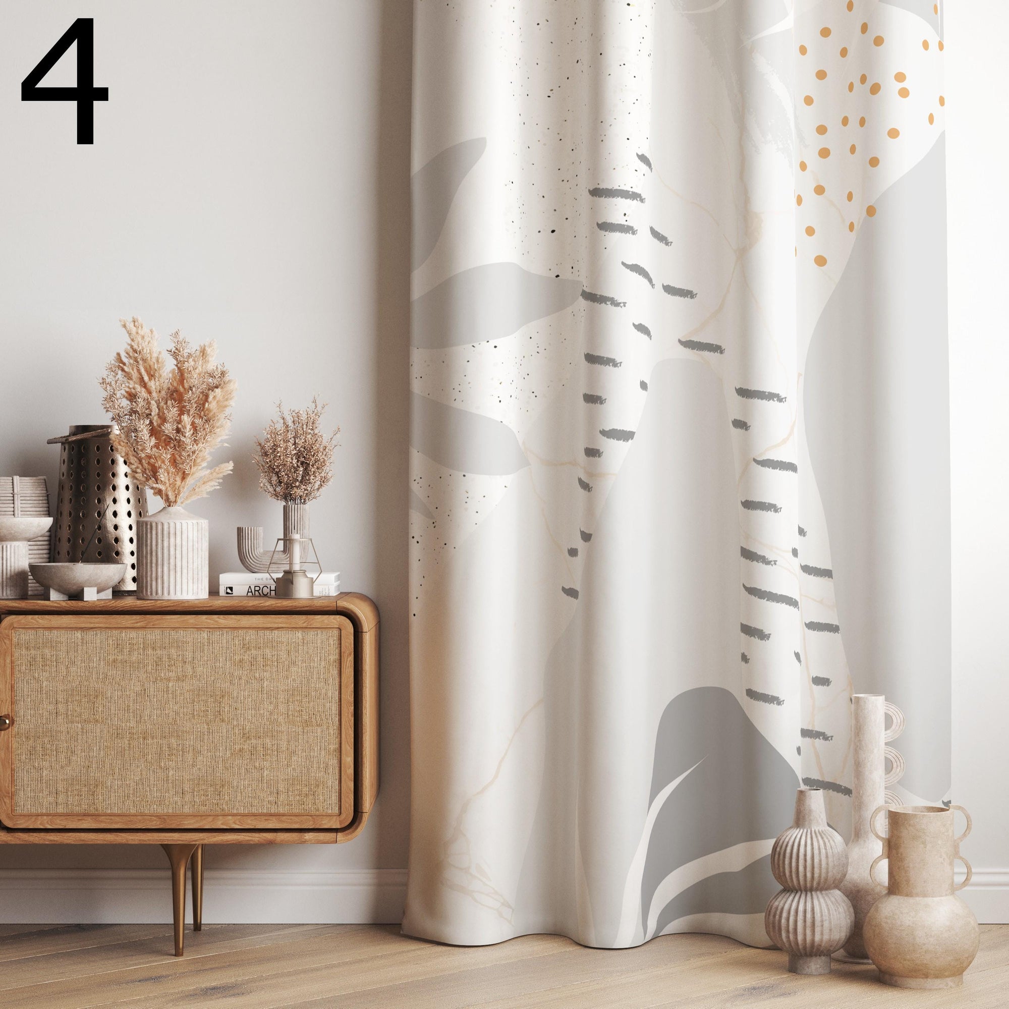 Minimalist Abstract Curtains, Modern Neutral Window Drapes, Contemporary Organic Art Curtains, Soft Beige and Black Panels