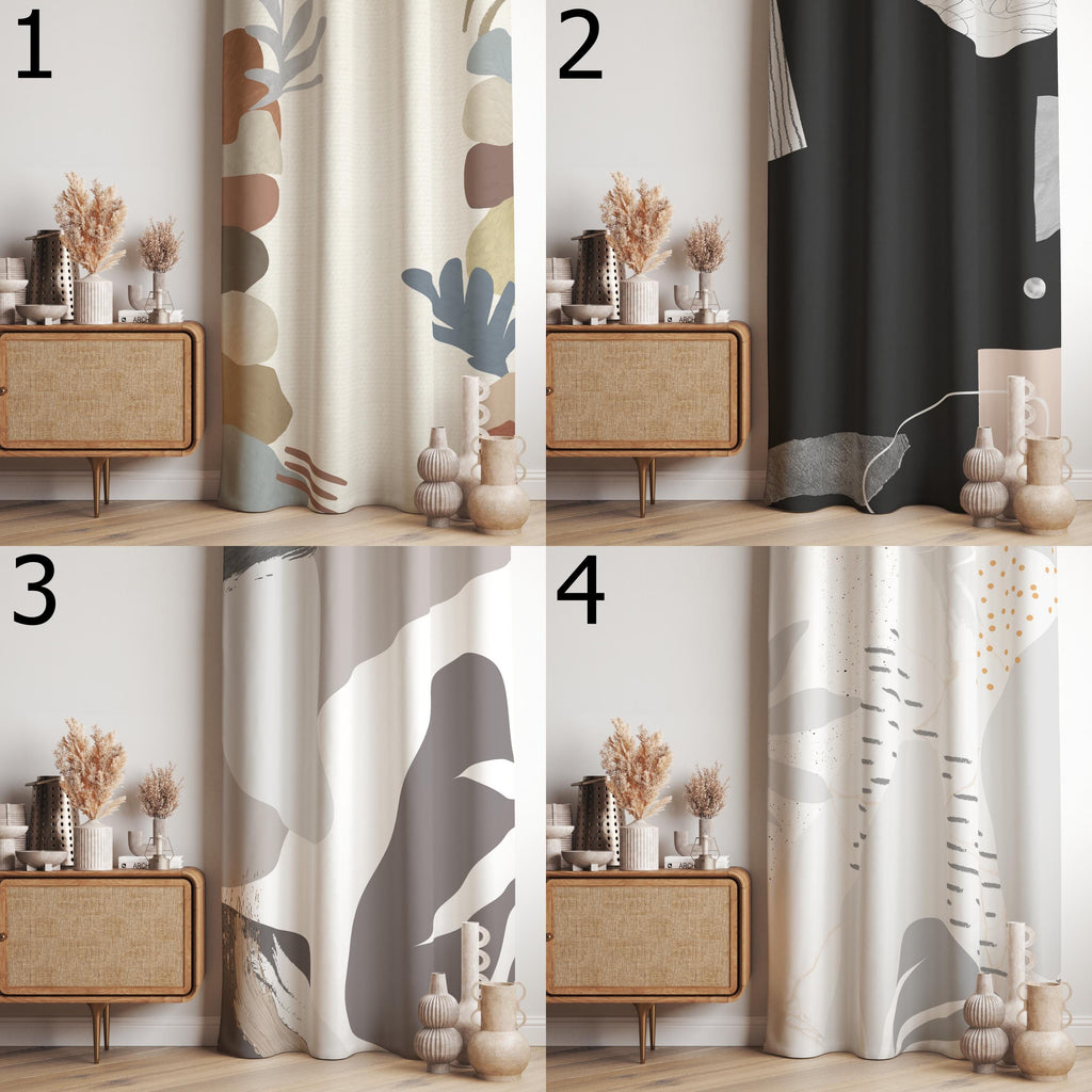 Minimalist Abstract Curtains, Modern Neutral Window Drapes, Contemporary Organic Art Curtains, Soft Beige and Black Panels