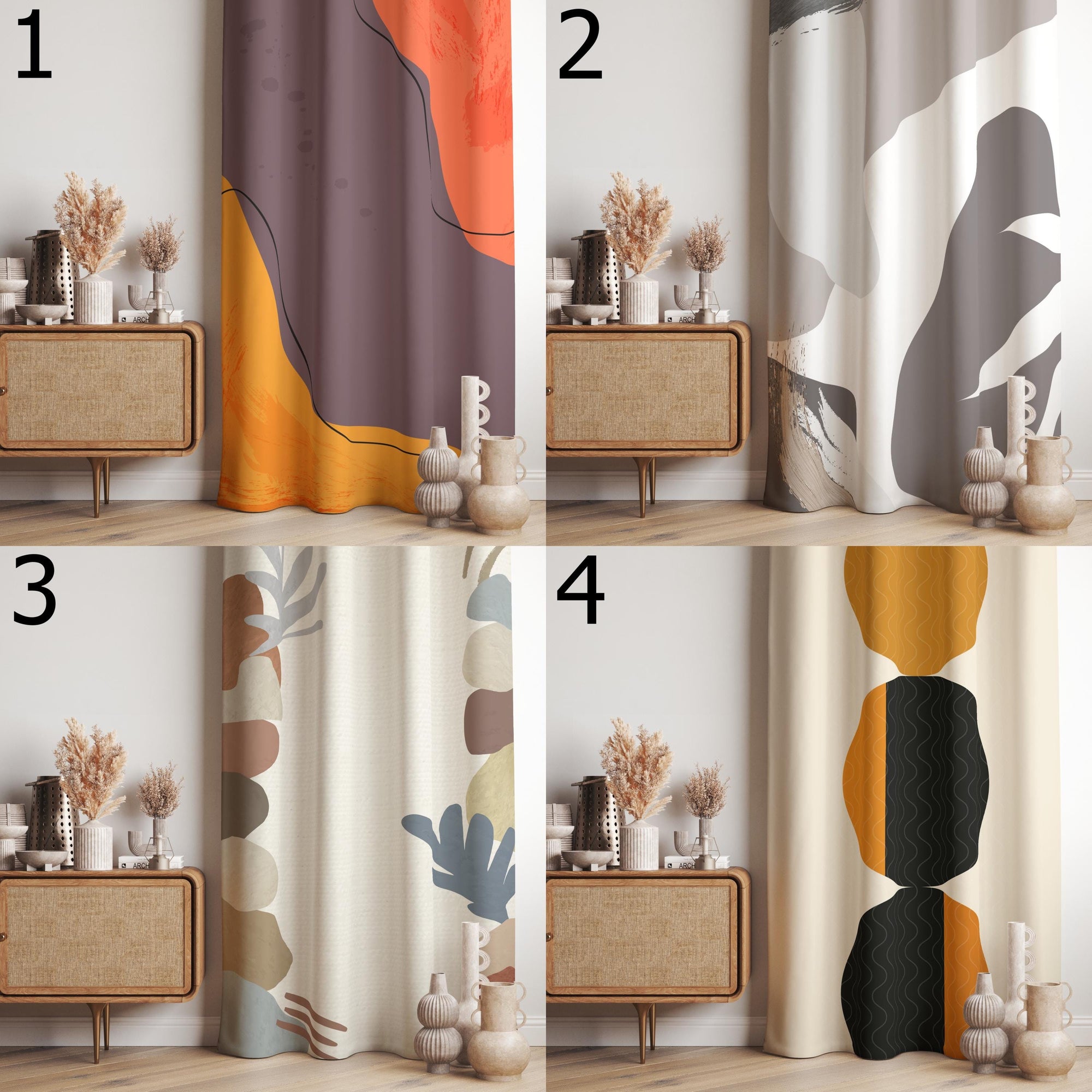 Modern Abstract Curtains, Mid-Century Inspired Organic Shape Drapes, Contemporary Minimal Window Panels, Earthy Color Curtains
