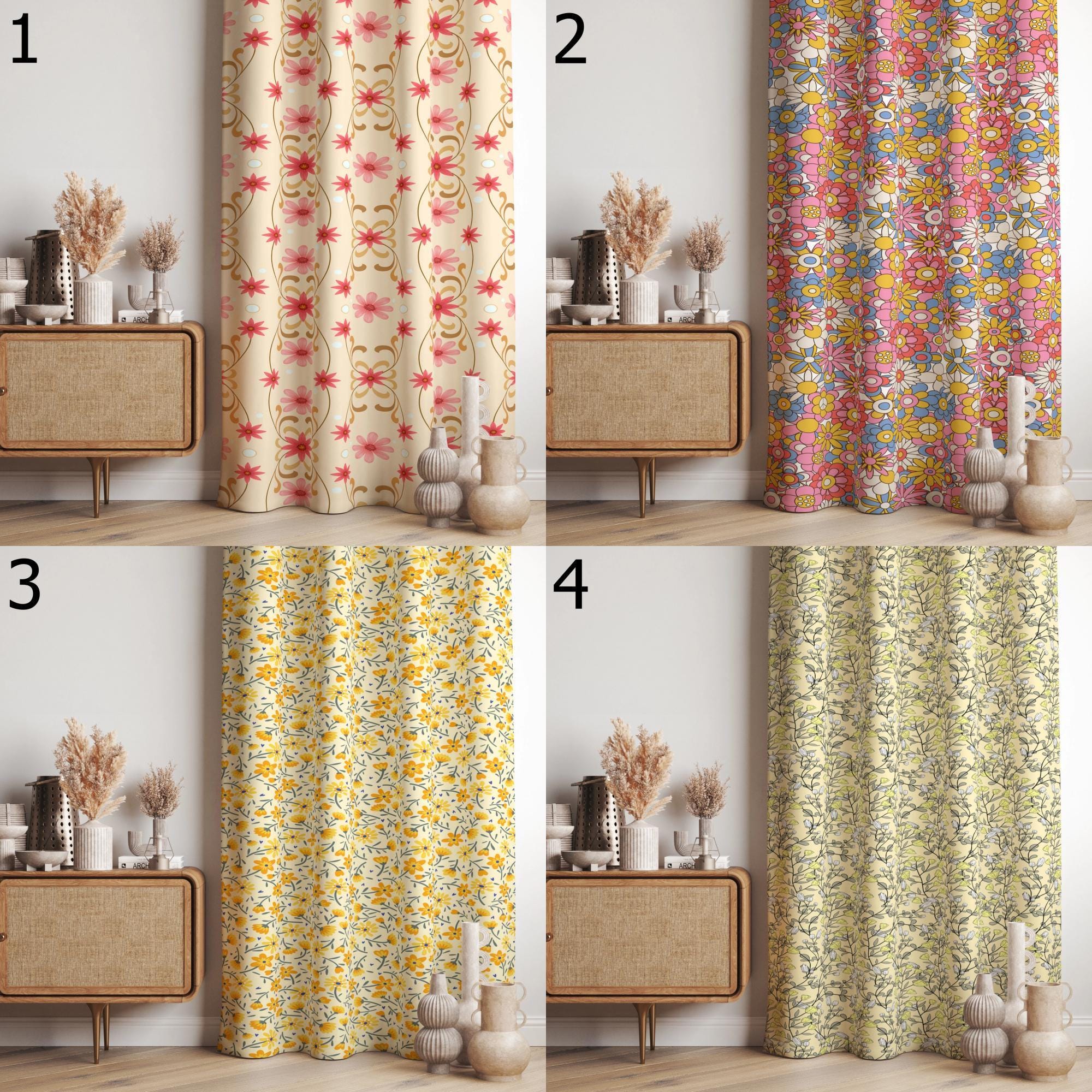 Retro Floral Panel Curtains, Vintage Floral Curtains, Retro Bloom Drapes, Botanical Charm Window Curtain Panels, Boho Chic Floral Curtains