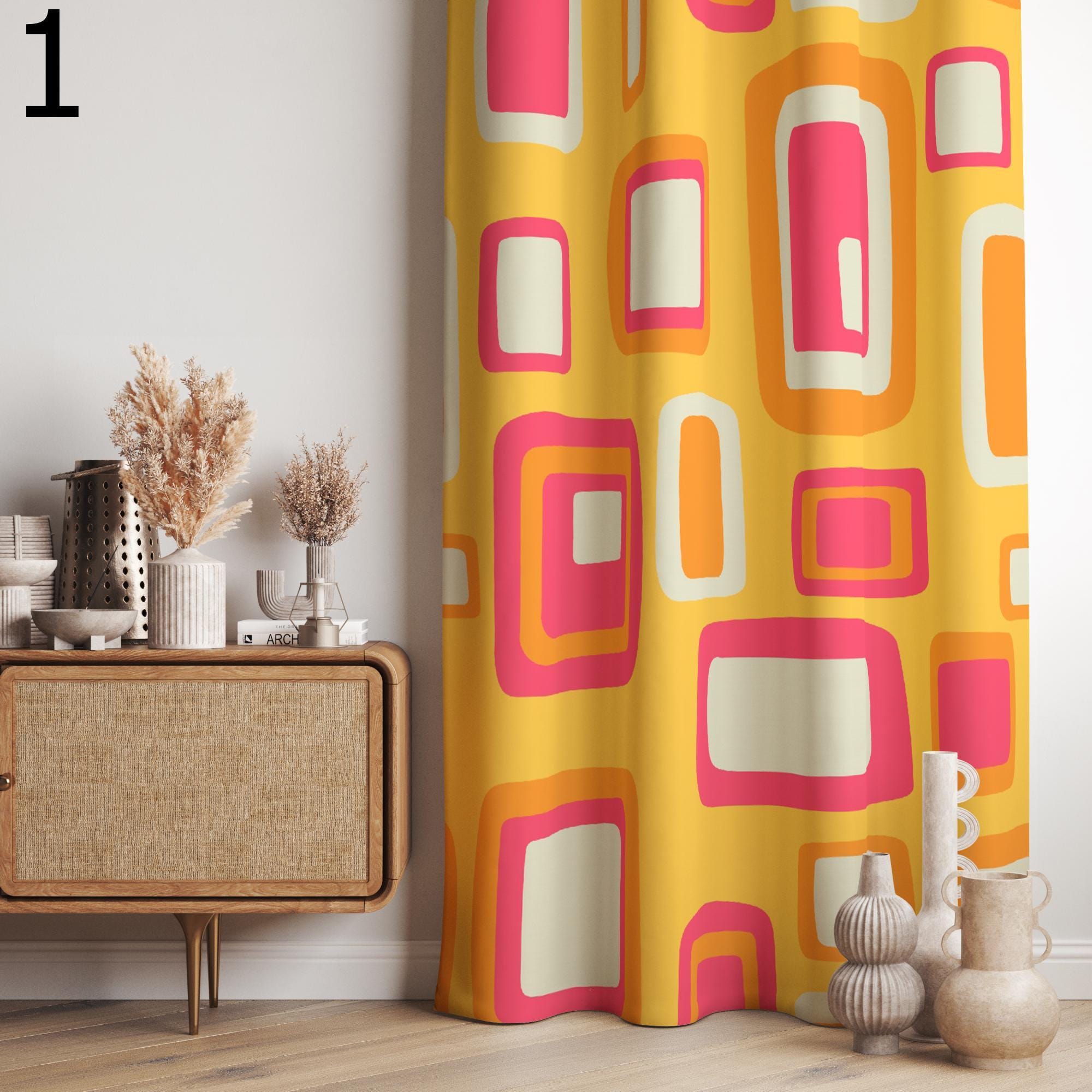 Modern Vintage Yellow Floral Curtain, Yellow Floral Curtain, Floral Grommet Mid Century Printed Curtains, Country Chic Flowers Drapes