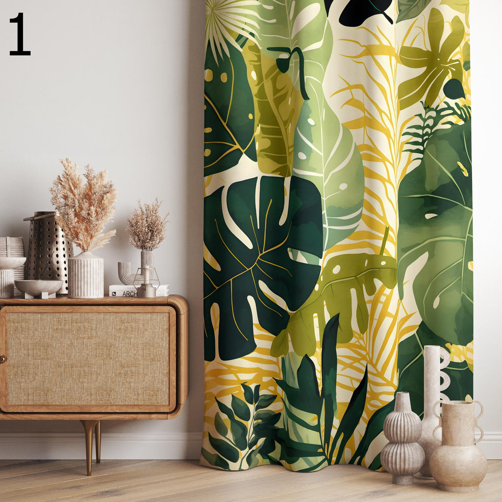 Tropical Leaves Printed Curtain Panels, Vintage Green Leaves Window Curtain, Botanical Printed Curtain, Boho Green Leaves Panel Curtain