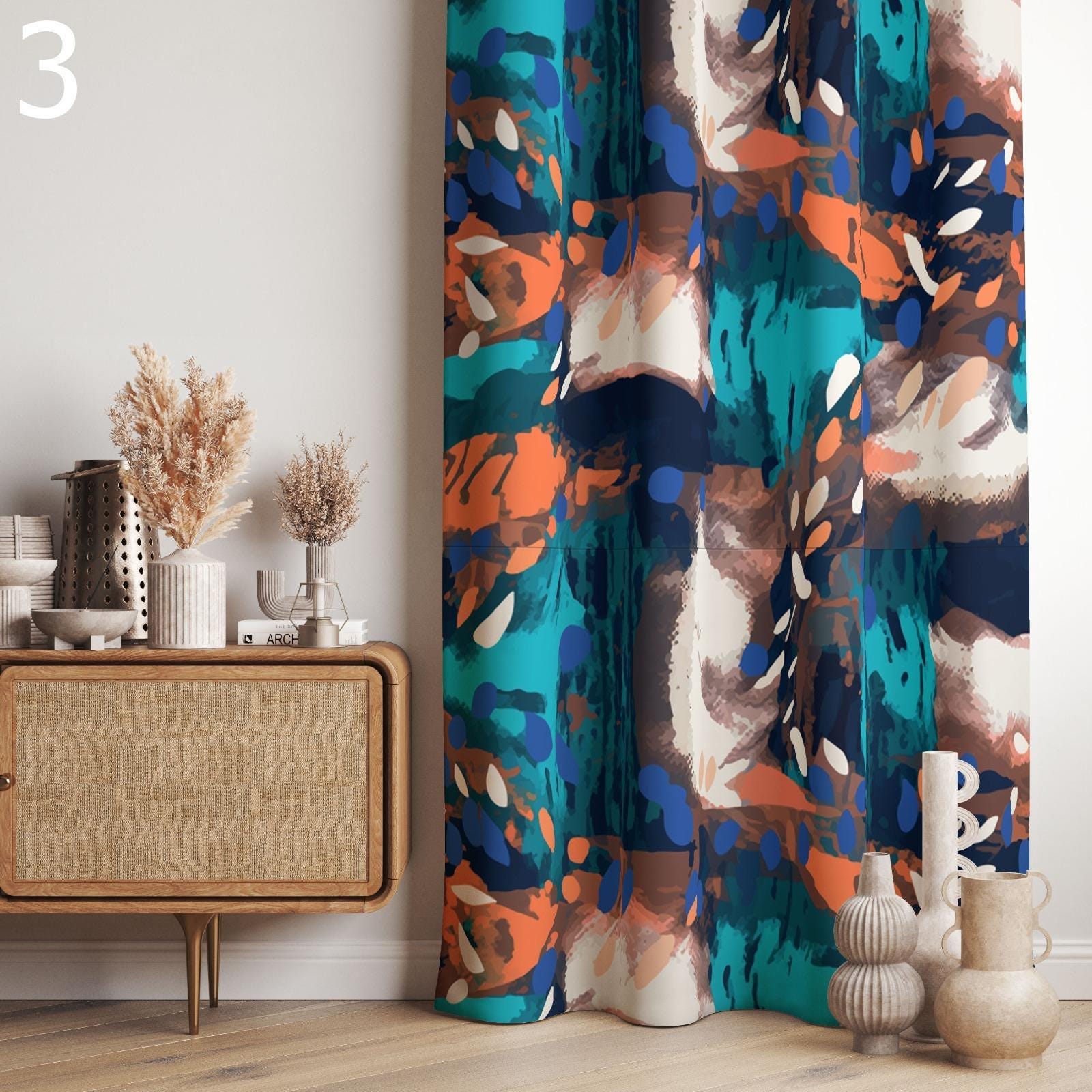Modern Abstract Art Print Curtains, Boho Abstract Grommet Curtain, Colorful Abstract Panels, Modern Bohemian Blackout Curtain