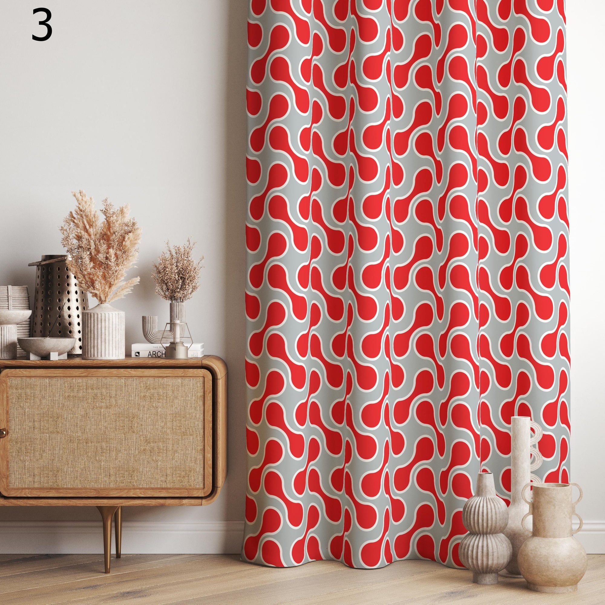 Mid Century Modern Curtain Panels, Retro Dotted Style Curtains, Mcm Abstract Retro Style Living Room Curtain, Modern Pink Red Curtains