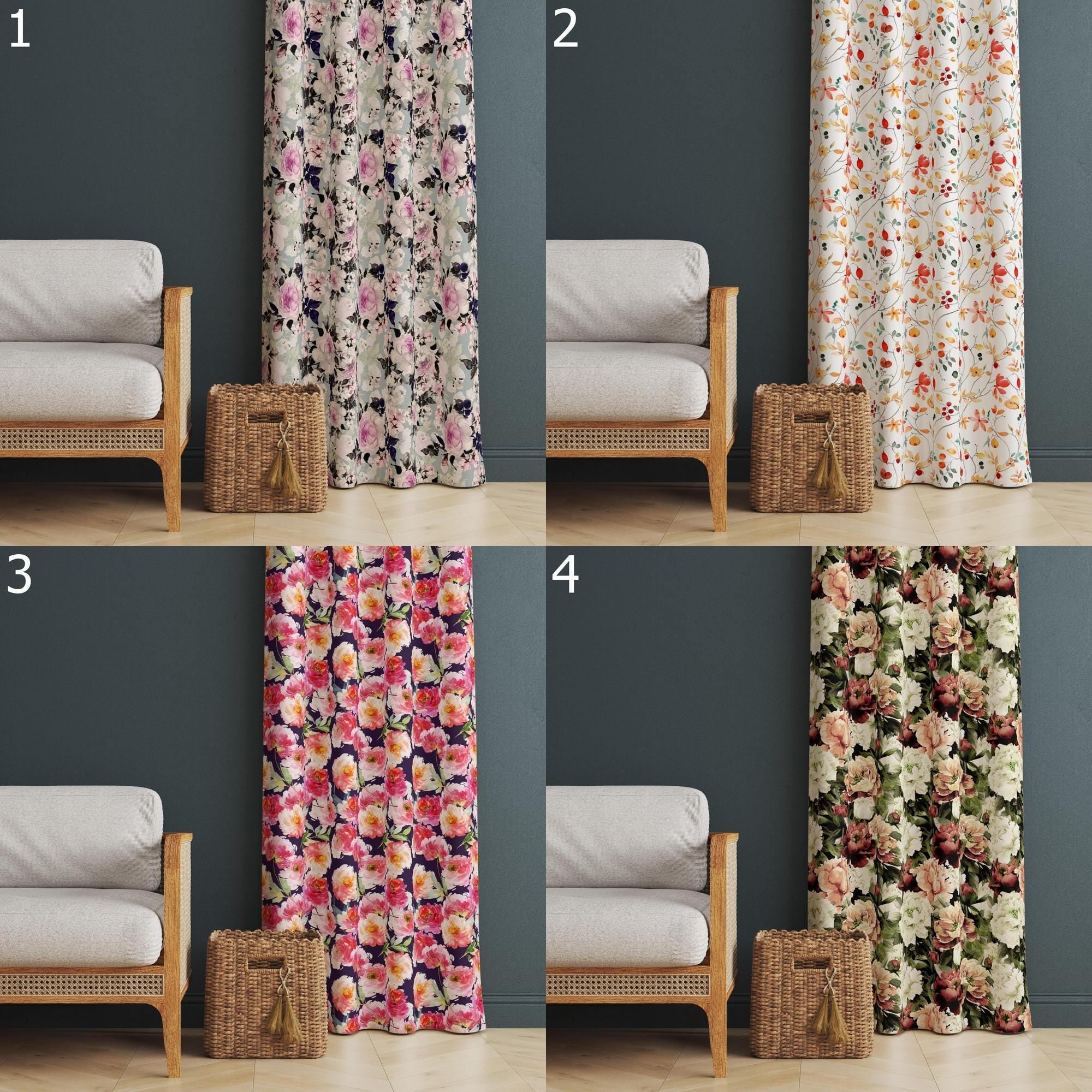 Pink Floral Curtains, Farmhouse Vintage Powder Floral Curtain, 80s Retro Floral Style Window Curtains, Mid Century Floral Curtain Panels