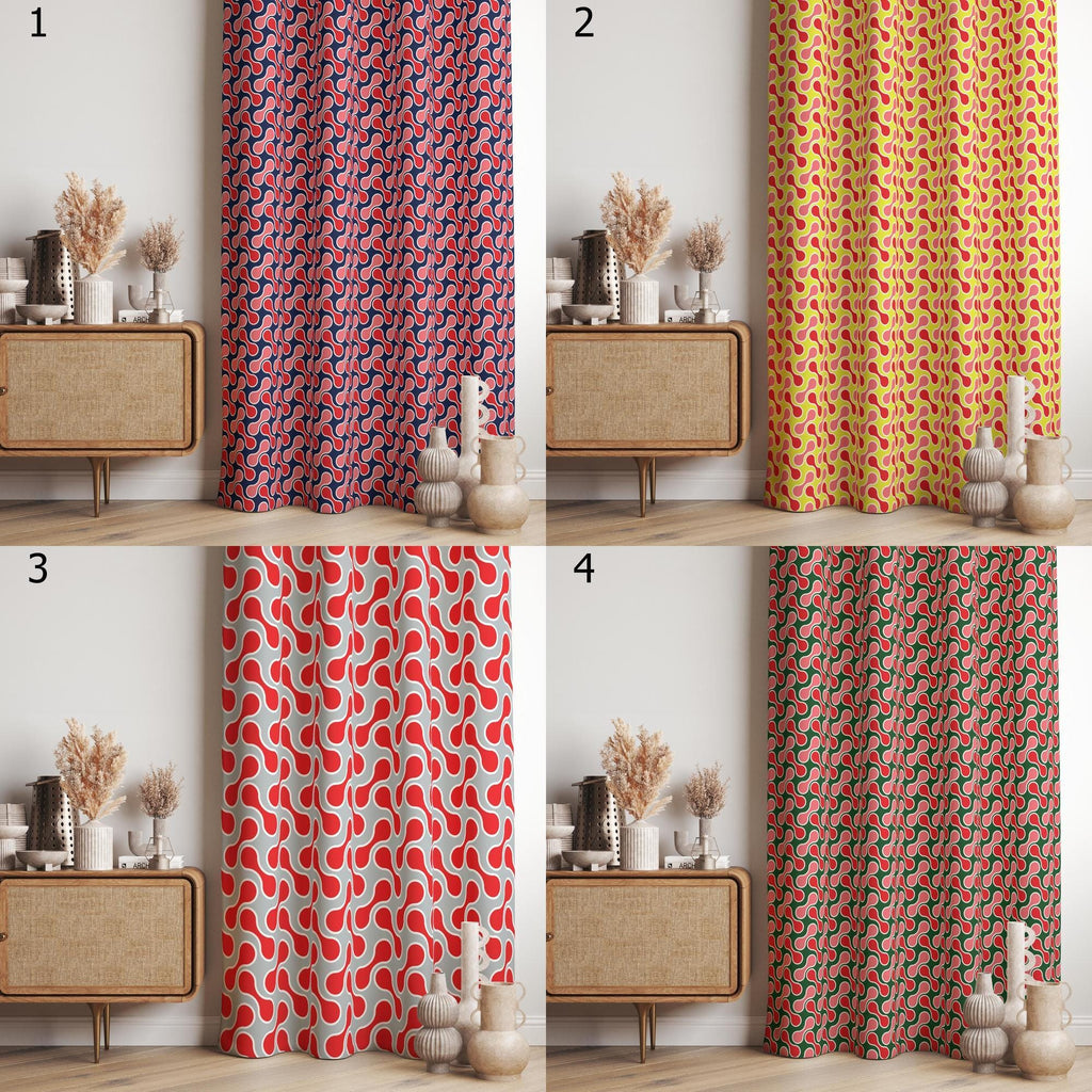 Mid Century Modern Curtain Panels, Retro Dotted Style Curtains, Mcm Abstract Retro Style Living Room Curtain, Modern Pink Red Curtains