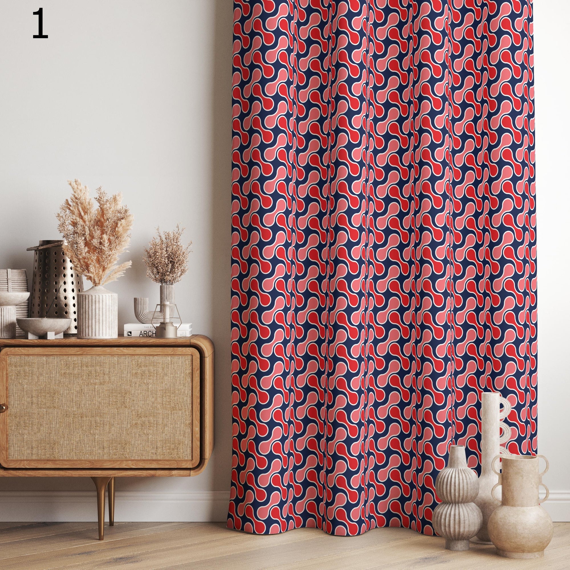 Mid Century Modern Curtain Panels, Retro Dotted Style Curtains, Mcm Abstract Retro Style Living Room Curtain, Modern Pink Red Curtains
