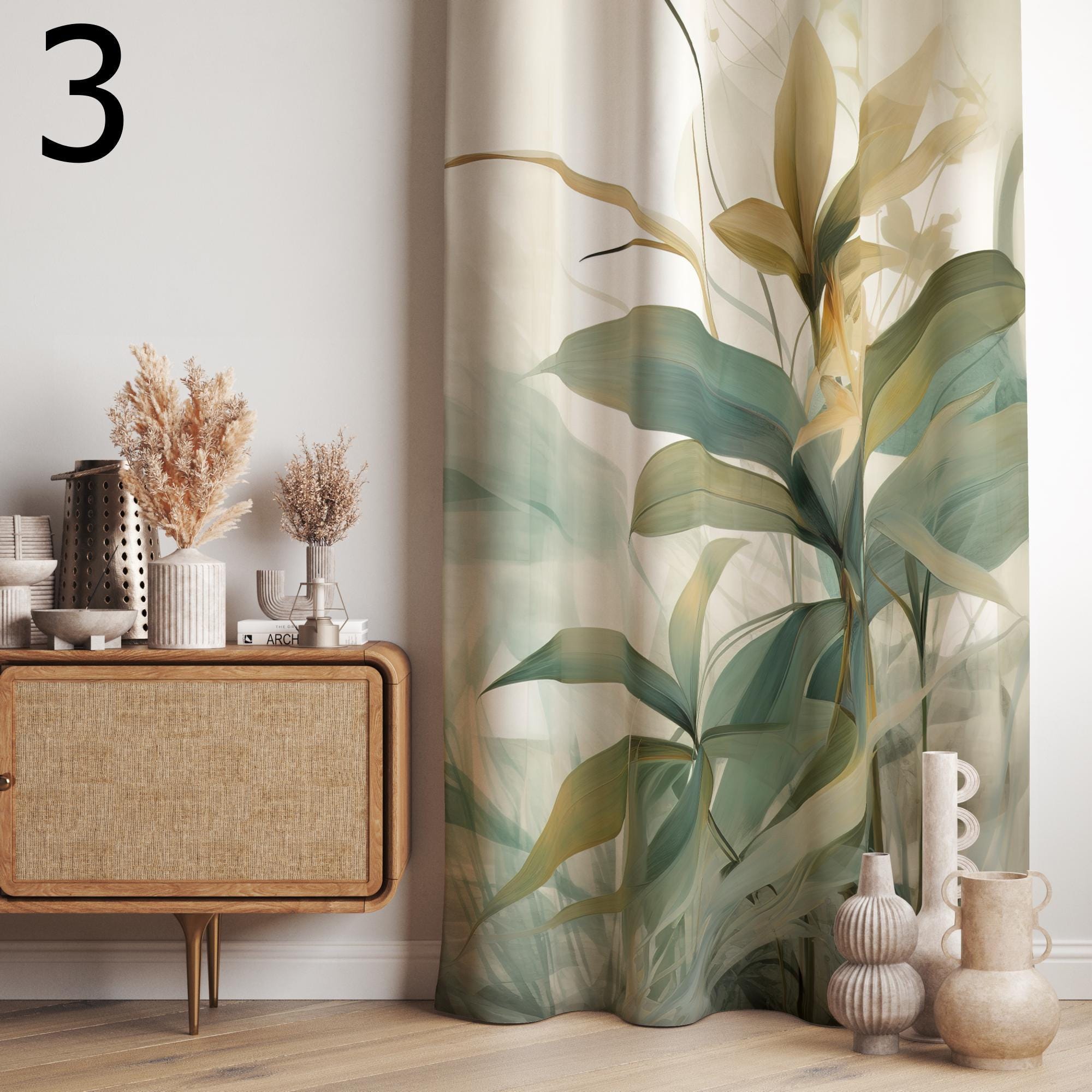 Tropical Abstract Curtains, Botanical Leaves Curtain Panels, Modern Vintage Tropical Curtains, Exotic Leaves Digital Printed Curtain Panels