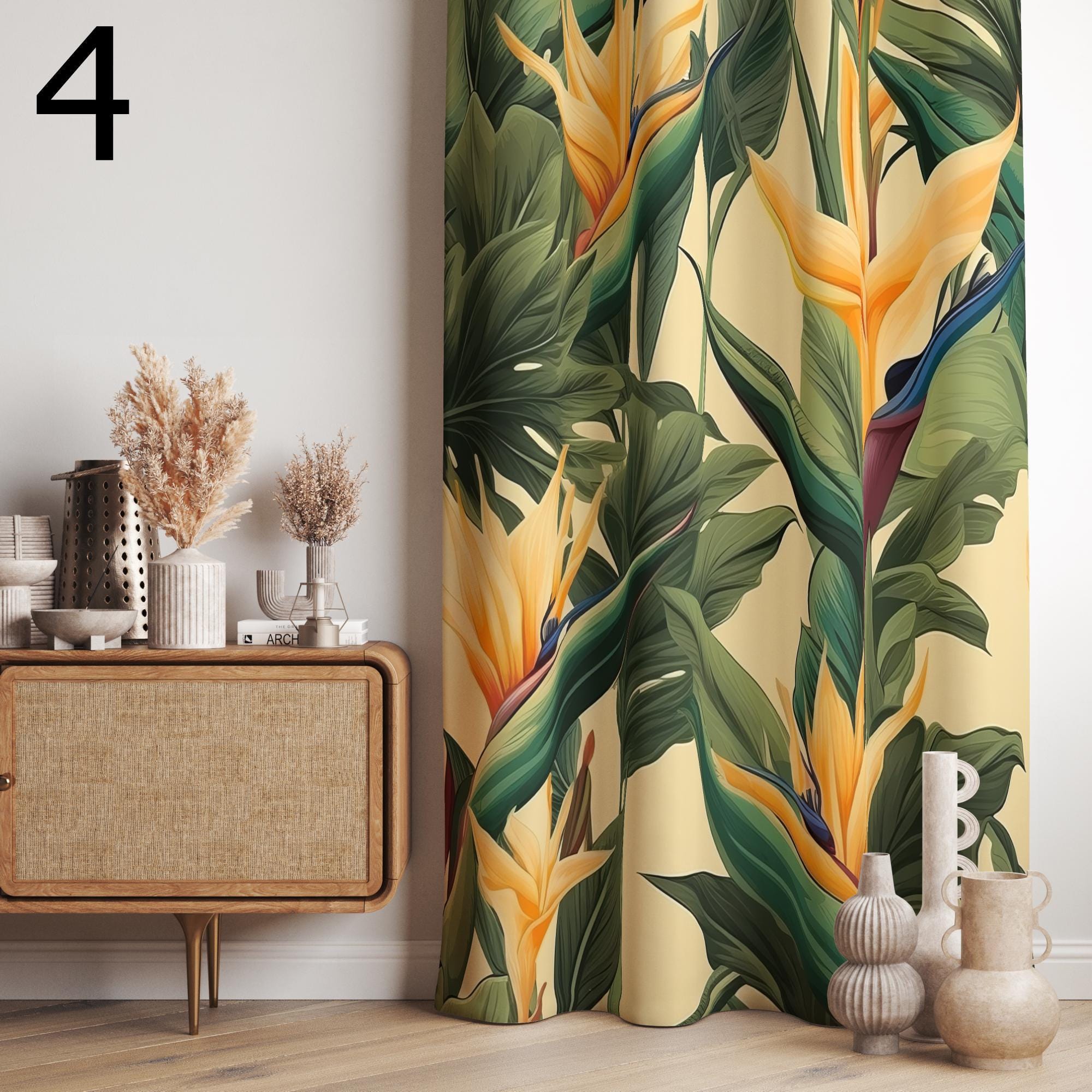 Tropical Abstract Curtains, Botanical Leaves Curtain Panels, Modern Vintage Tropical Curtains, Exotic Leaves Digital Printed Curtain Panels