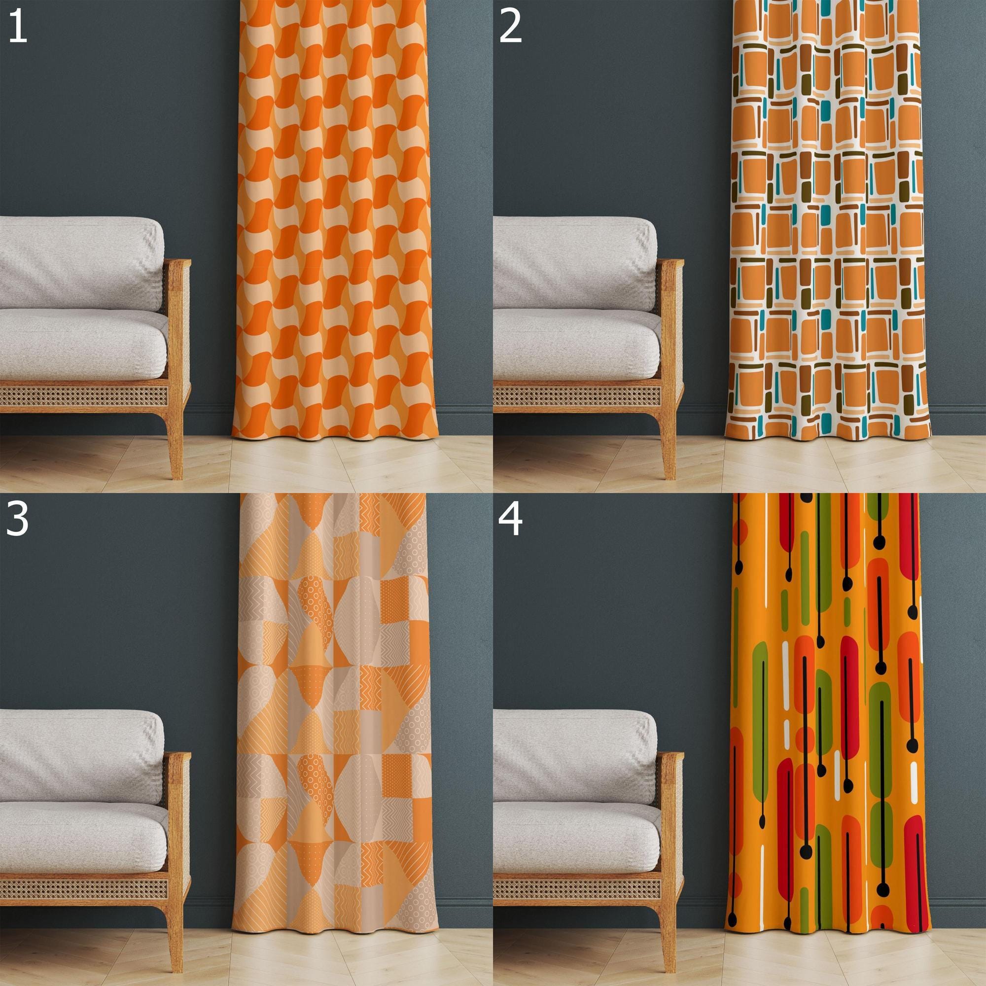 Retro Curtains, Retro Abstract Curtain Panel, Golden Orange 1970s Curtain, Mid-Century Art Style Curtain, Geometric Printed Curtain