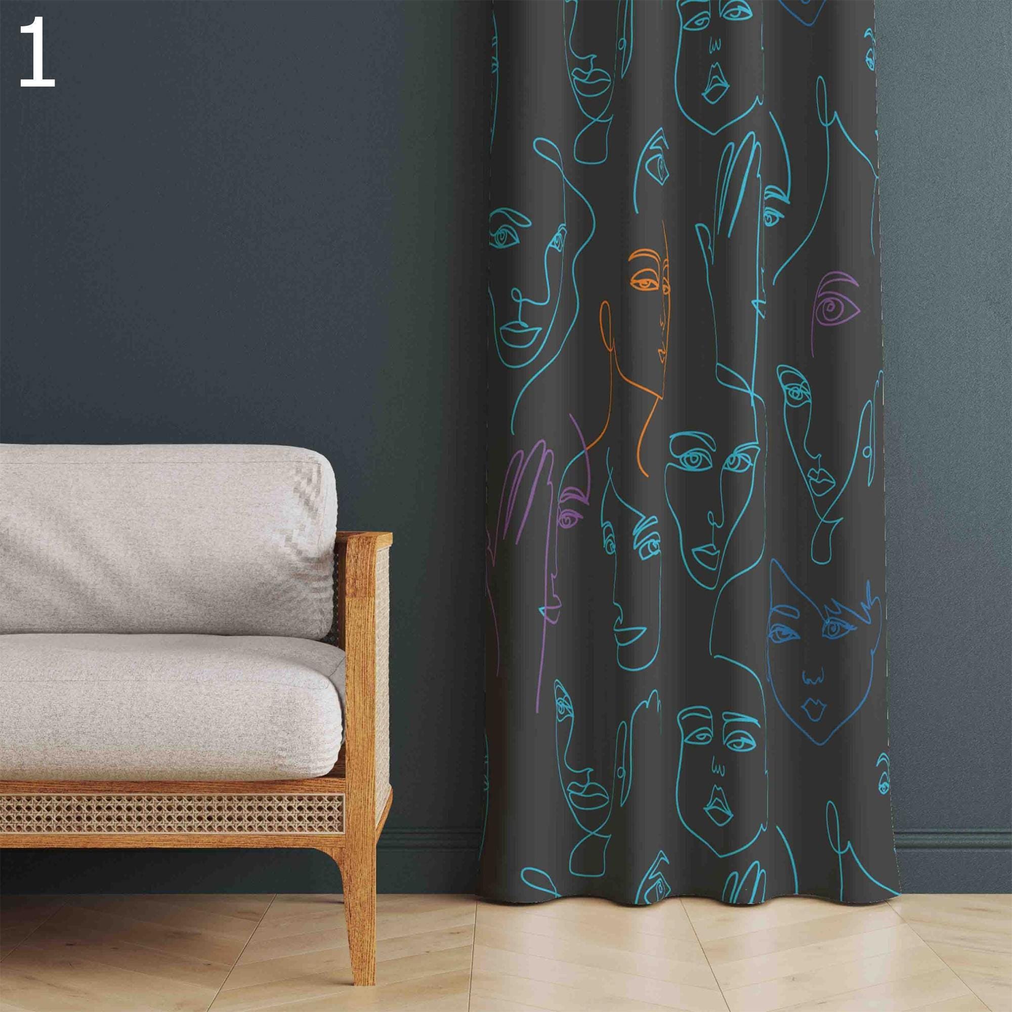 Modern Abstract Curtains, Face Line Abstract Drawing Curtain, Colorful Modern Face Line Art Grommet Curtain, Contemporary Face Line Drapes