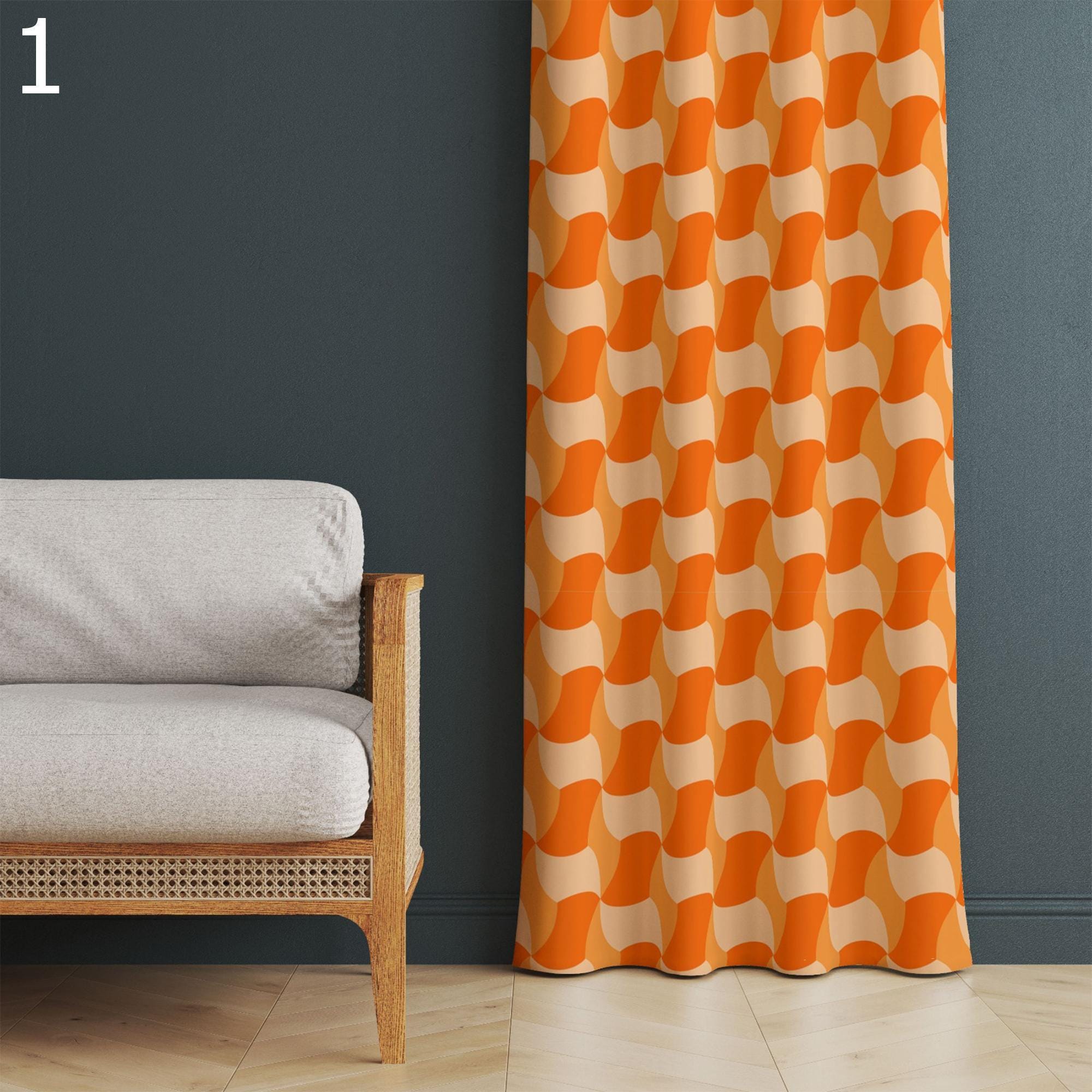 Retro Curtains, Retro Abstract Curtain Panel, Golden Orange 1970s Curtain, Mid-Century Art Style Curtain, Geometric Printed Curtain