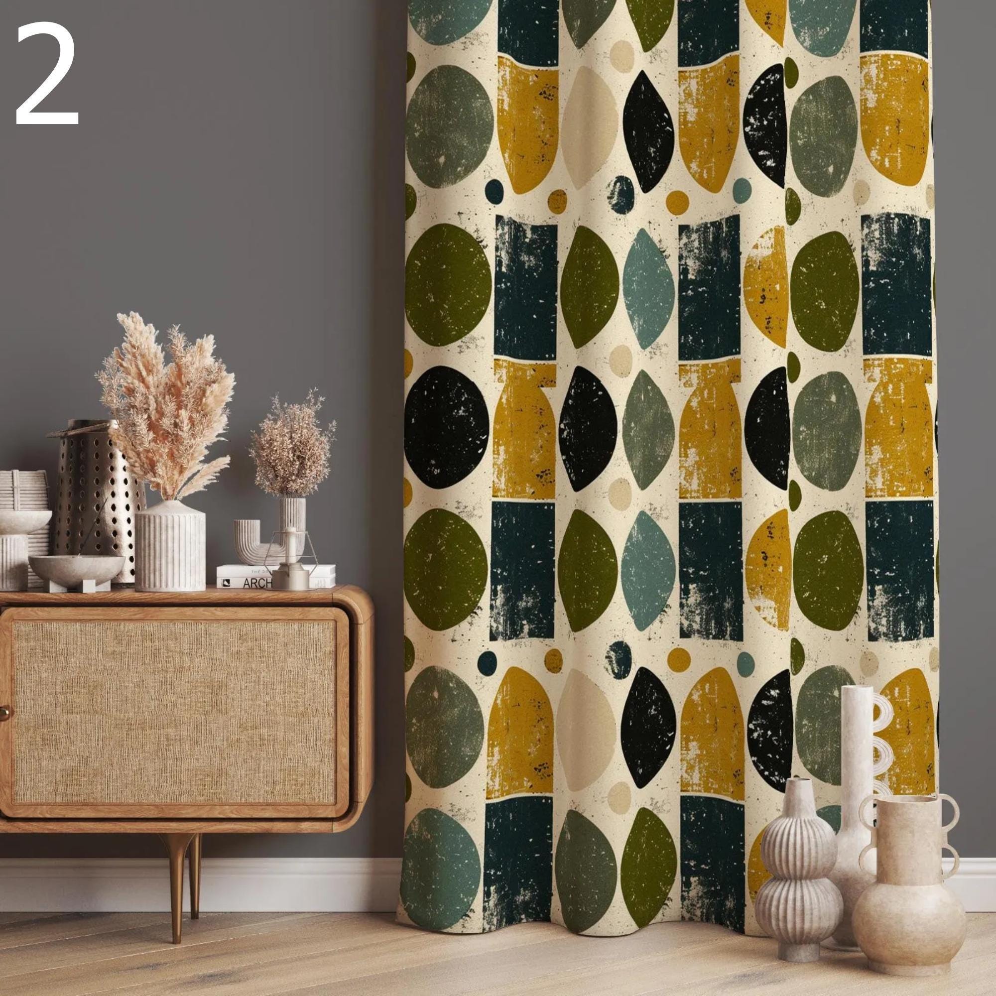 Retro Curtains, Mid Century Style Curtain, 70s Retro Window Curtains, Geometric Abstract Curtains, Mid Century Abstract Printed Curtain