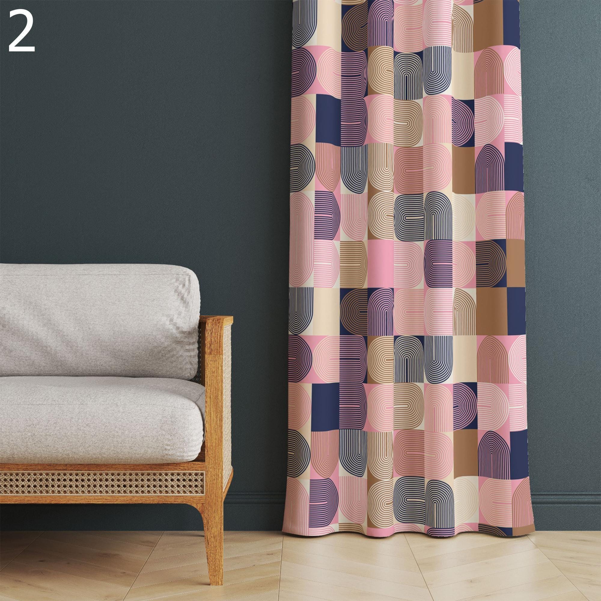 Modern Curtain Panels, Emerald Boho Abstract Curtains, Emerald Printed Curtains, Retro Style Living Room Drapes
