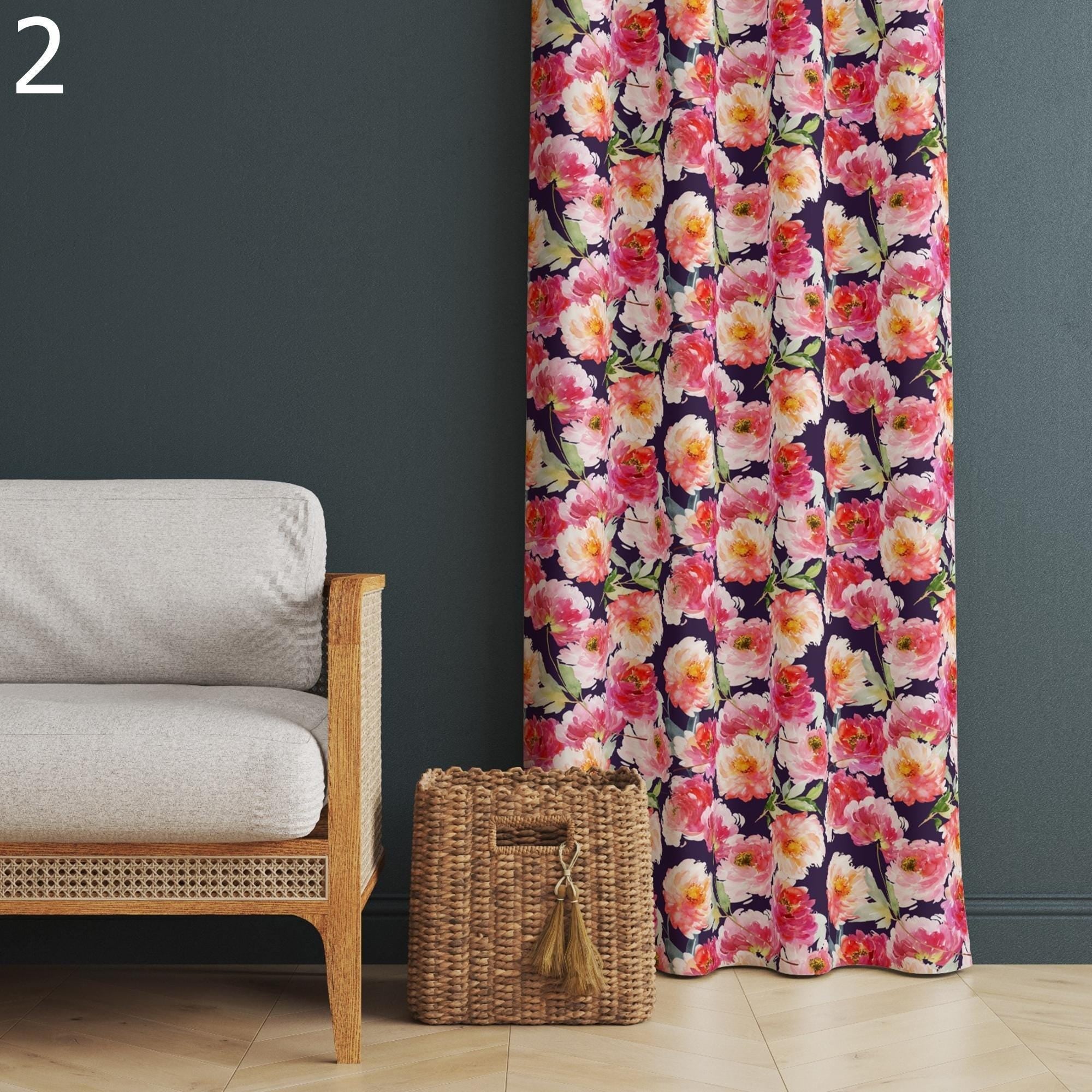 Farmhouse Floral Style Panel Curtains, Retro Floral Curtains, Wildflowers Living Room Curtains, Mid Century Floral Curtain Panels