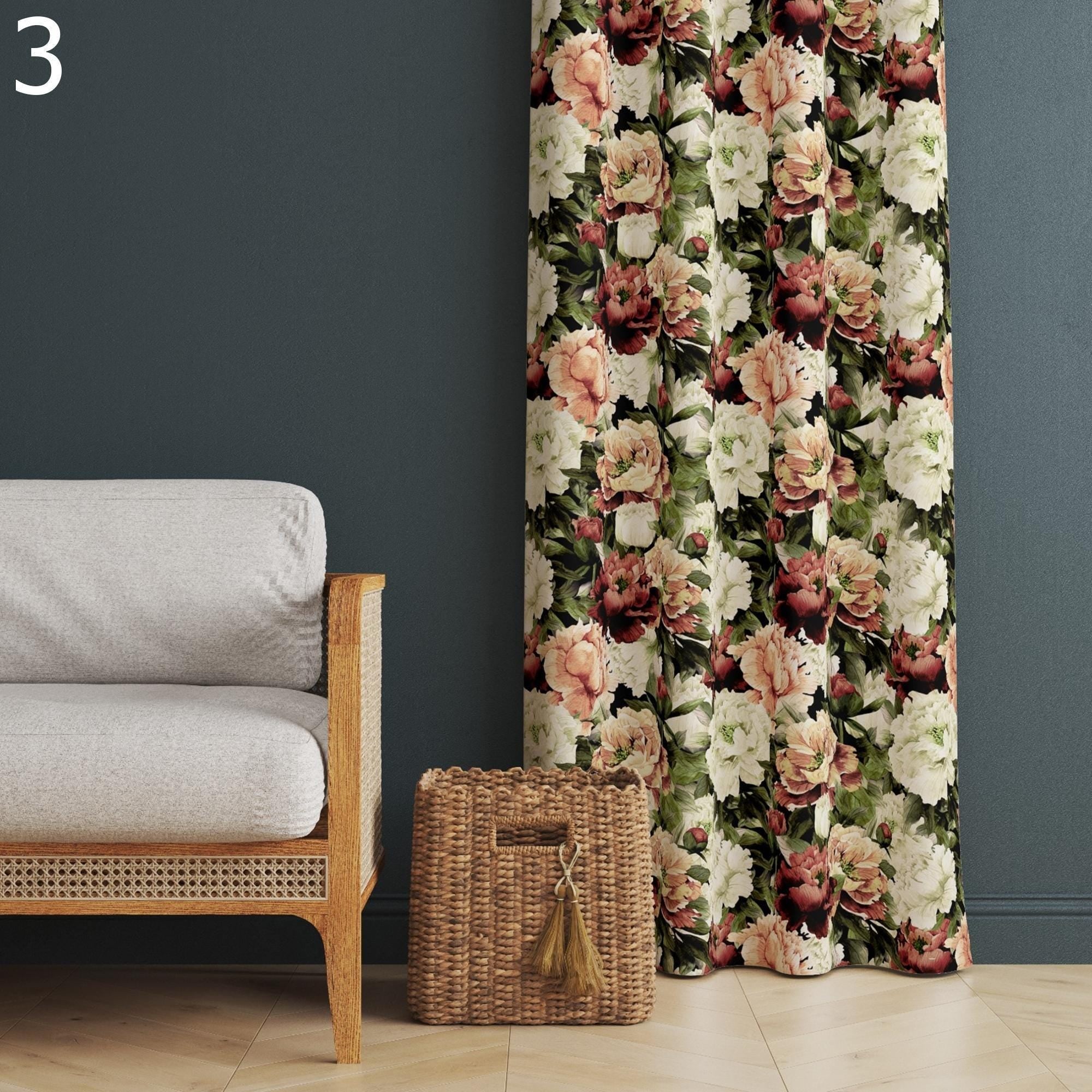 Farmhouse Floral Style Panel Curtains, Retro Floral Curtains, Wildflowers Living Room Curtains, Mid Century Floral Curtain Panels