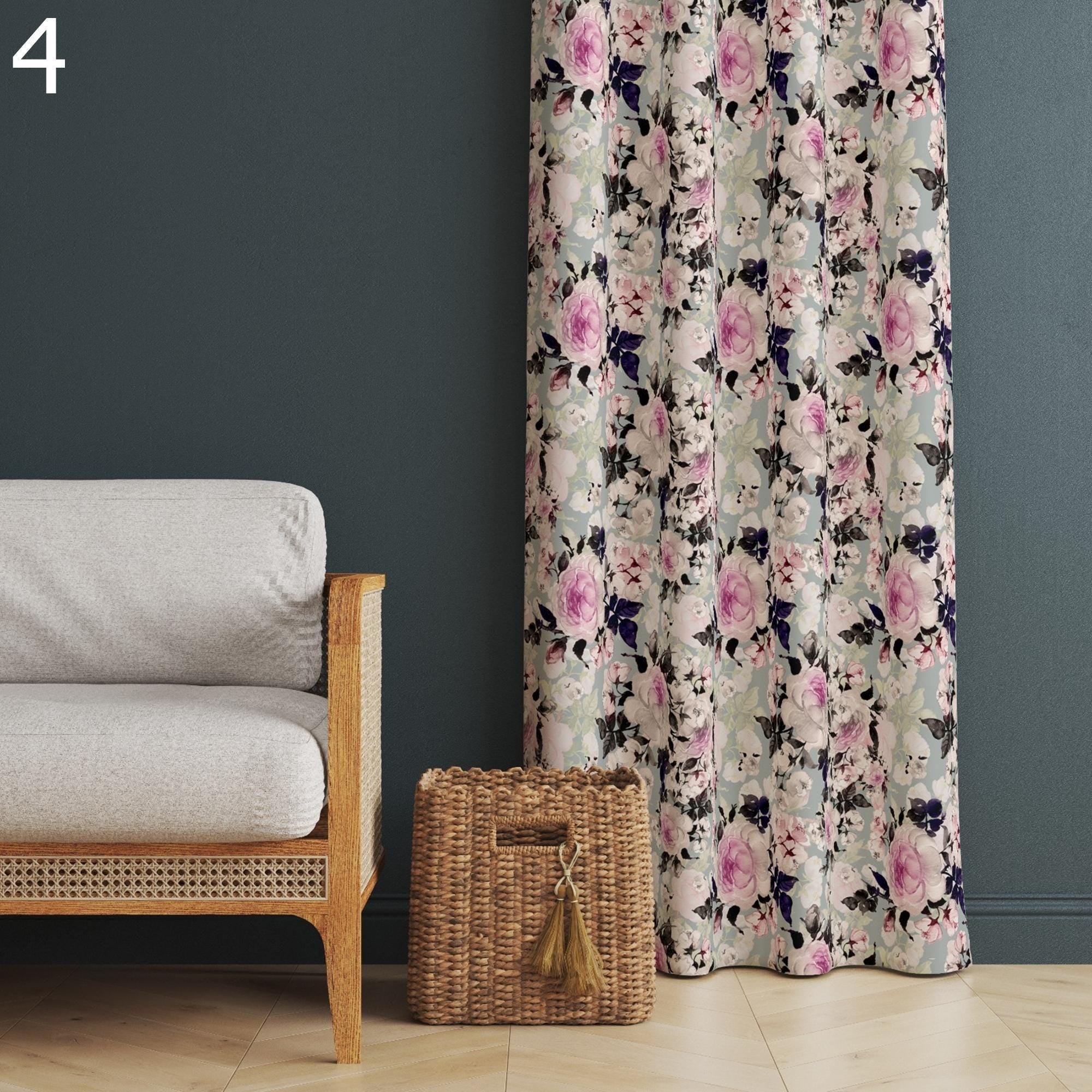 Farmhouse Floral Style Panel Curtains, Retro Floral Curtains, Wildflowers Living Room Curtains, Mid Century Floral Curtain Panels