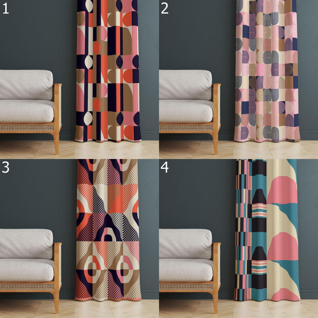 Modern Curtain Panels, Emerald Boho Abstract Curtains, Emerald Printed Curtains, Retro Style Living Room Drapes
