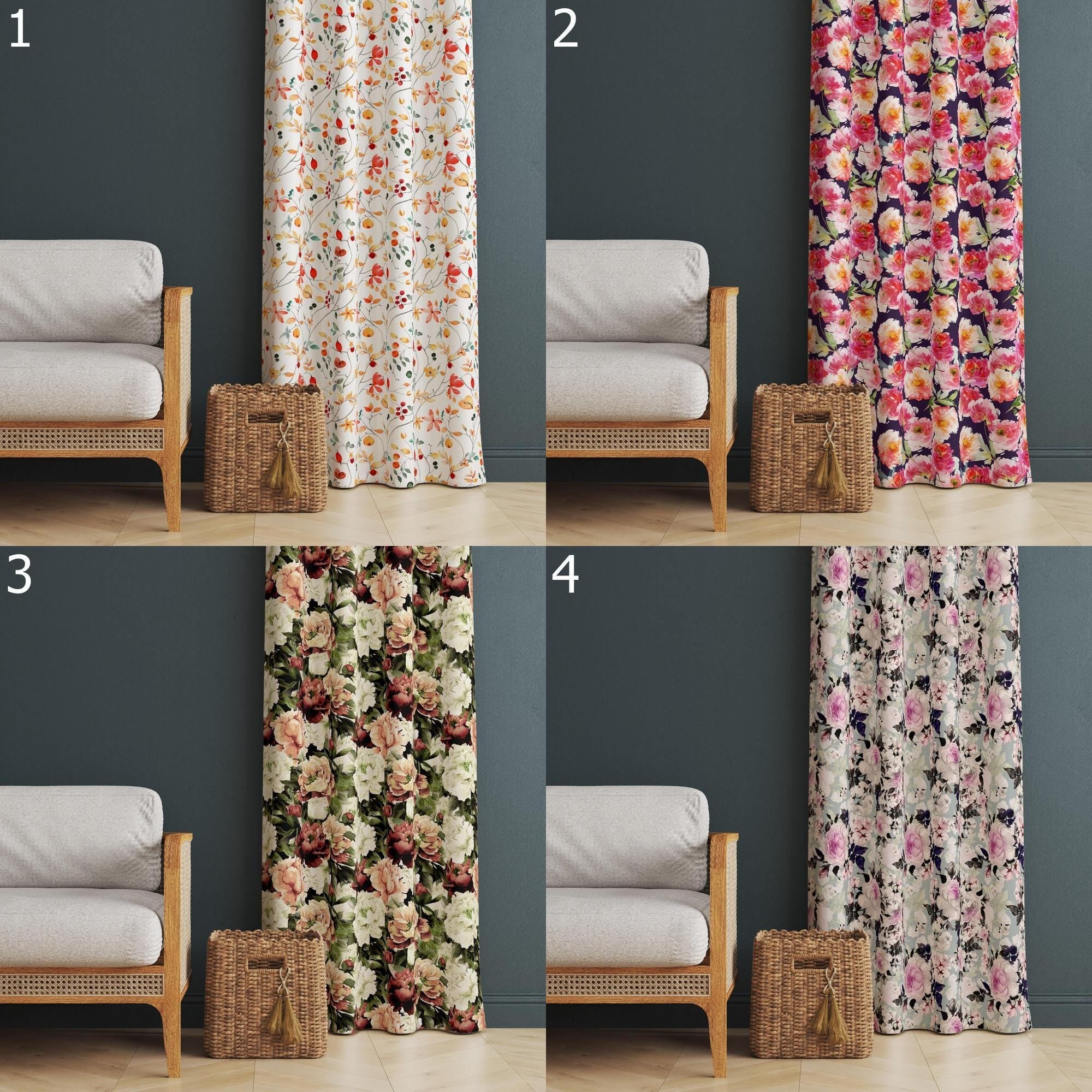 Farmhouse Floral Style Panel Curtains, Retro Floral Curtains, Wildflowers Living Room Curtains, Mid Century Floral Curtain Panels