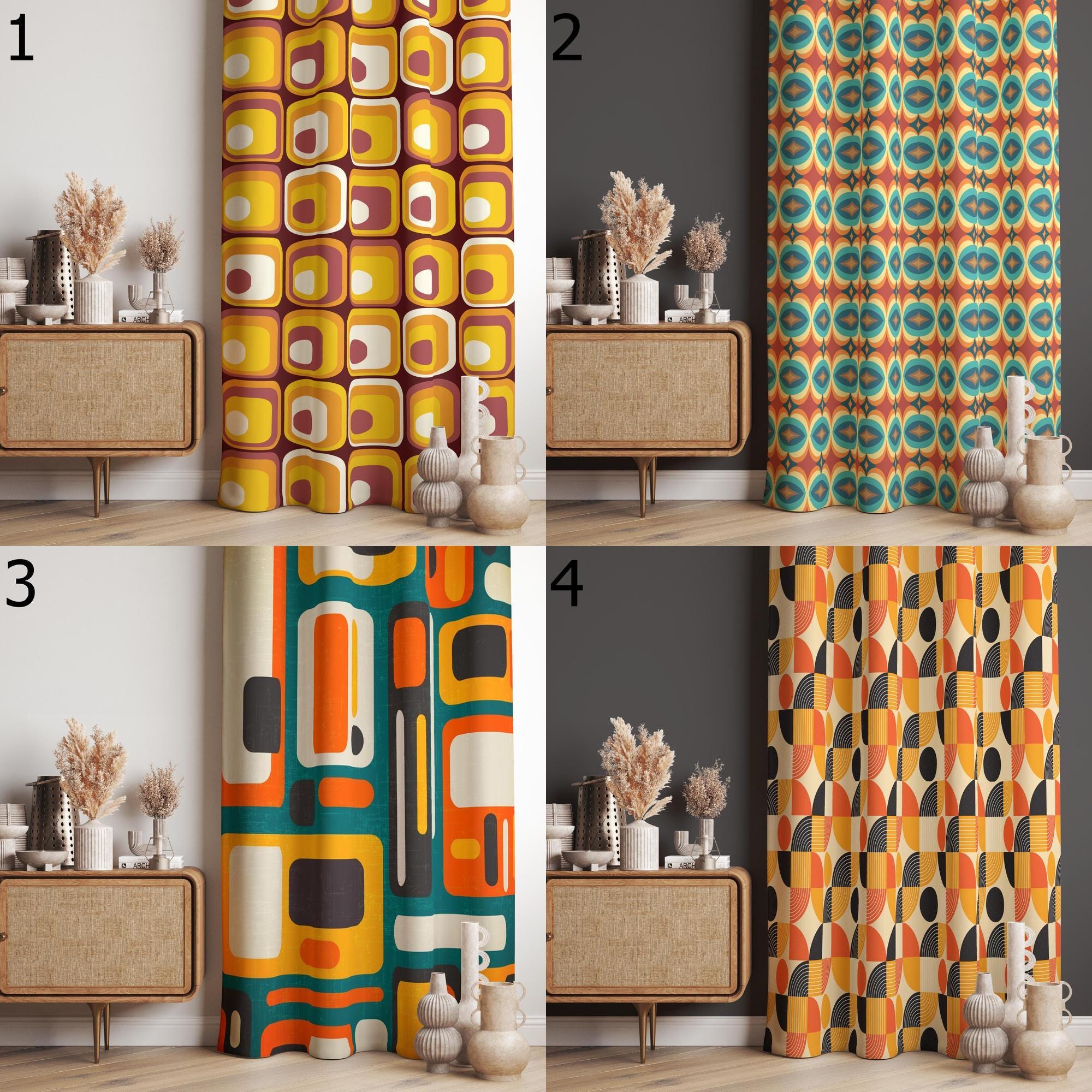 Mid Century Modern Curtain Panels, Retro Curtains, Mcm Curtain, Retro 60s 70s Mid Century Modern Geometric Window Curtain, Retro 70s Panel