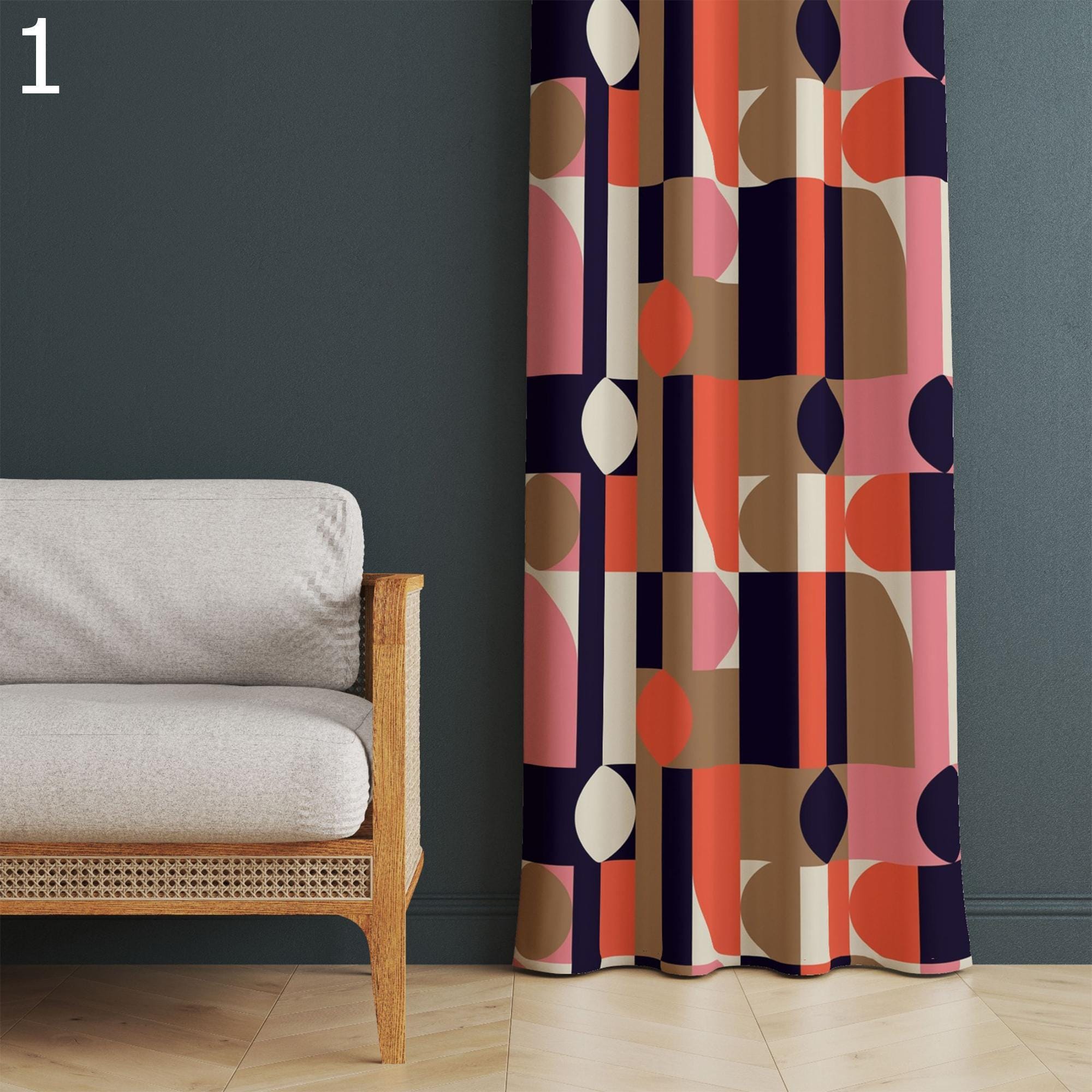 Modern Curtain Panels, Emerald Boho Abstract Curtains, Emerald Printed Curtains, Retro Style Living Room Drapes