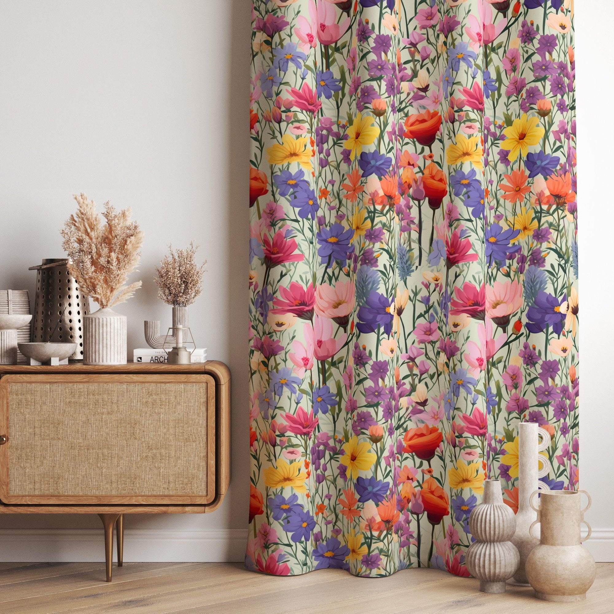 Floral Curtain Panels, Flowers Print Curtains, Vintage Retro Floral Curtain, Colorful Spring Floral Style Living Room Curtain