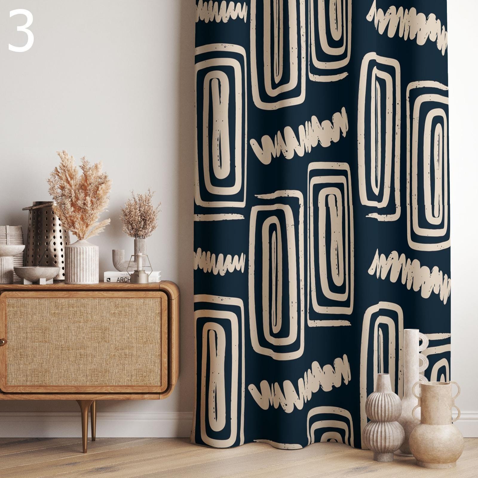 Modern Abstract Curtains, Geometric Line Art Drapes, Boho Graphic Window Panels, Blue Neutral Art Deco Curtains