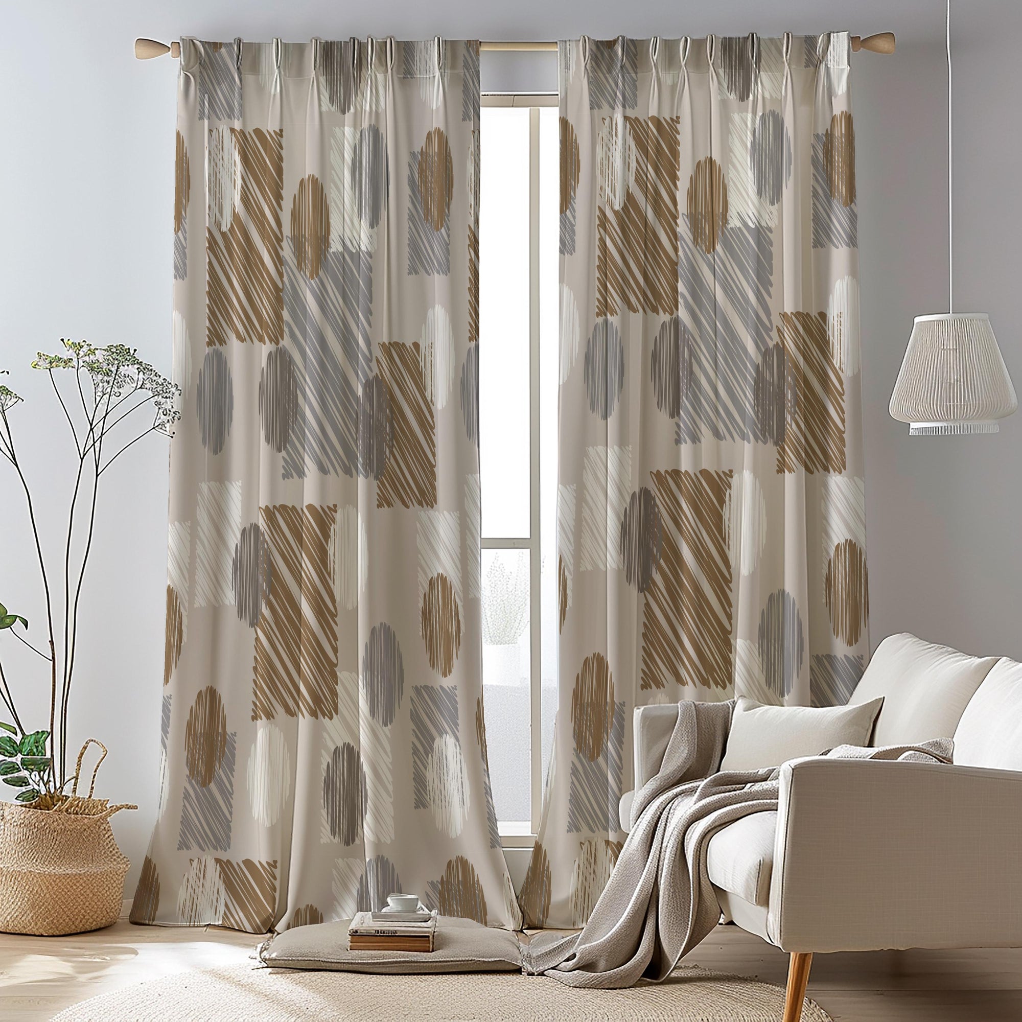 Modern Neutral Geometric Curtains, Beige Brown Window Drapes, Abstract Living Room Curtain Panels, Beige Minimalist Room Decor Panels