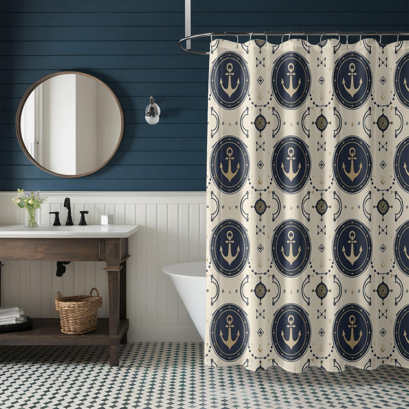 Nautical Shower Curtains, Coastal Printed Shower Curtain, Marine Bath Waterproof Drapes, Sailor Bathroom Shower Curtains
