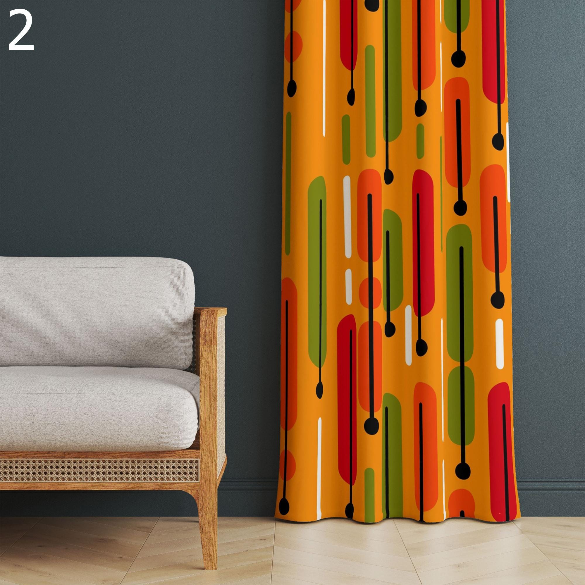 Retro Orange Pattern Curtains, Mid Century Modern Drapes, Geometric Panel Curtains, Warm Tone Window Panels, Vintage Inspired Curtain Panels